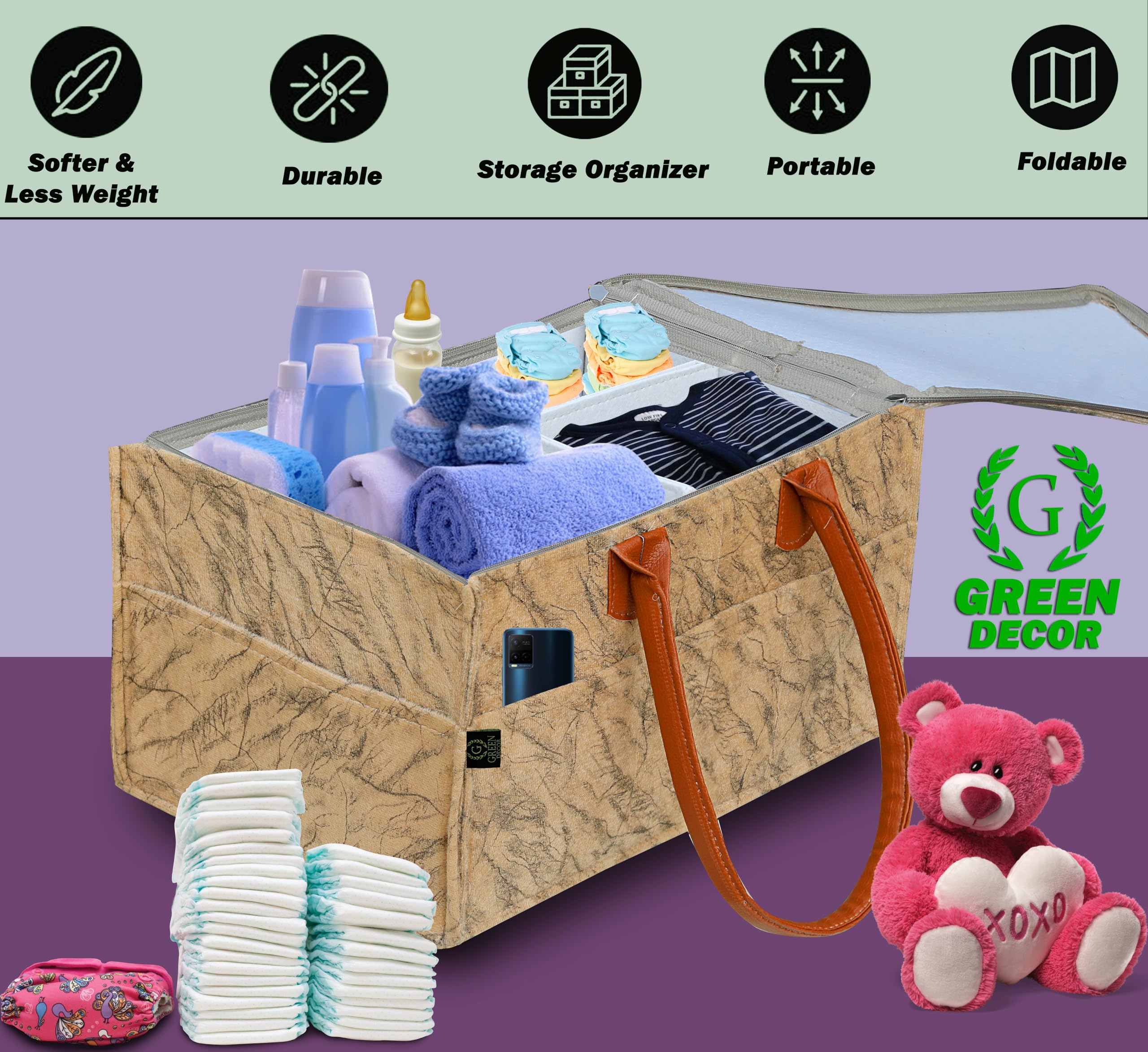 GREEN DECOR - Heavy Duty 400 GSM Non Woven Fabric Cute Diaper Caddy Bag with Handles & Zip Lock for Smart Mothers Baby Wipes Felt Storage Organizers,Foldable and Portable (Marble Sepia-18X12X9 Inch) 3