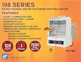TPI Corporation 198TMC Fan Forced Portable Heater Radiant, 1500/900/600W, 120V, Winter Heating Equipment. Heating Devices Industrial white, Mediun