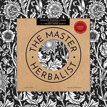 The Master Herbalist Sandalwood Scented Drawer Liners in a Black William Morris Design. Pack of 5 Folded Sheets | Contains Sandalwood Essential Oil | Made in THE UK.