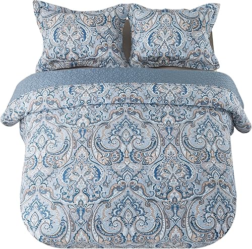 Miniatura 9 de NEWLAKE Juego de colcha de algodón, juego de colcha reversible de retazos, patrón floral gris europeo, tamaño Queen