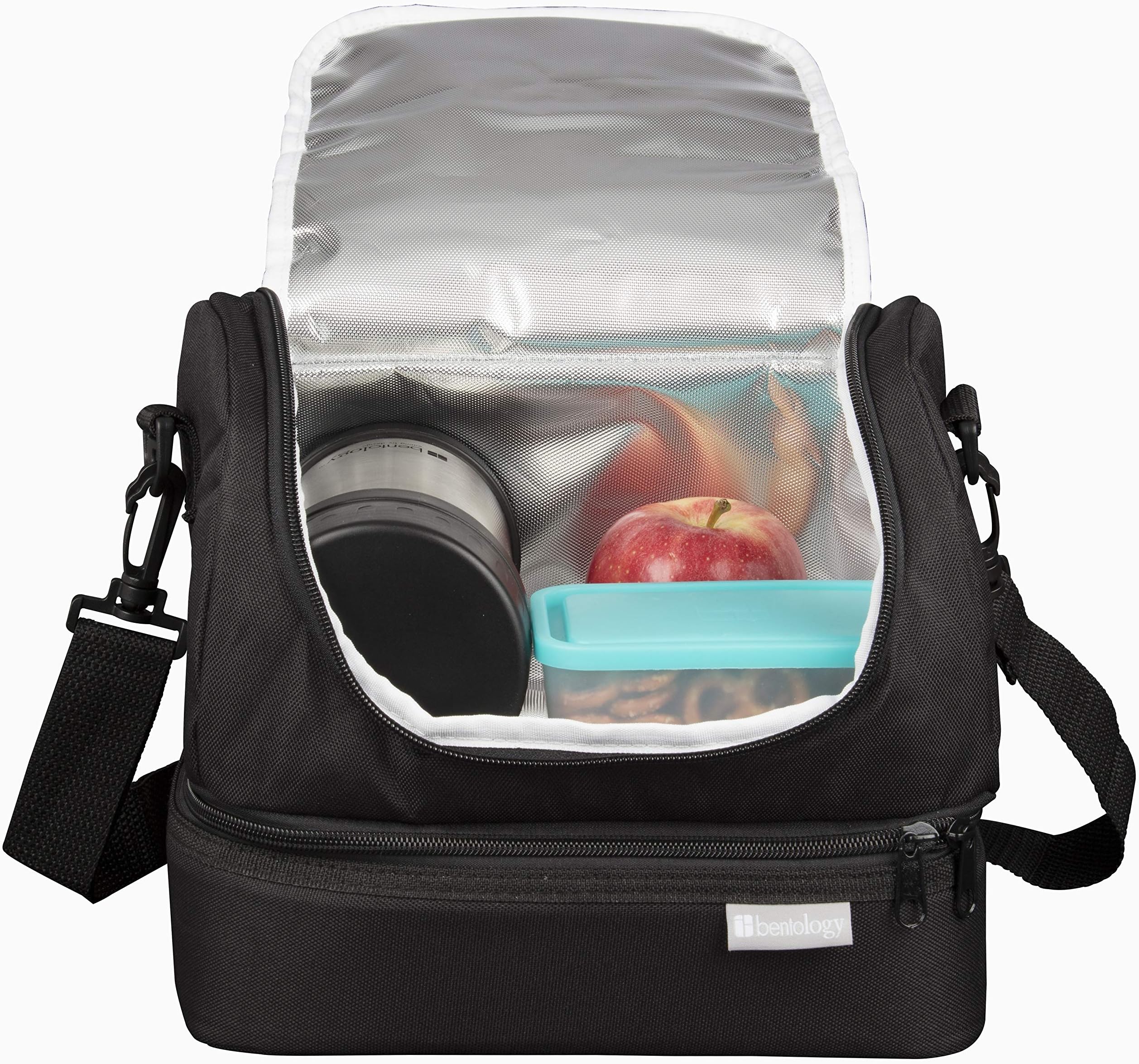 Insulated Lunch Box - Dual Compartment Lunchbox Tote Cooler Bag w/Top & Bottom Zipper Compartments w/Sturdy Carrying Strap, Fits Ice Packs, Jars & Nesting Snack Containers with Lids Inside - Black