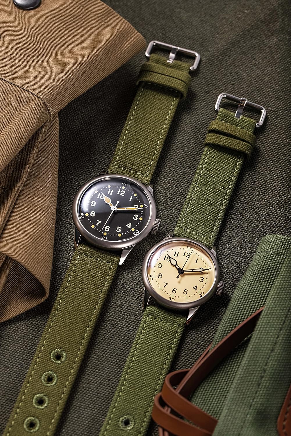 PRAESIDUS - A-11 Service Watch, Mens Automatic NH-35 Movement Self-Winding Mechanical Wrist Watch | Assembled in The USA | Military Watch Tom Rice A-11 (42mm) Black Dial / Green Strap