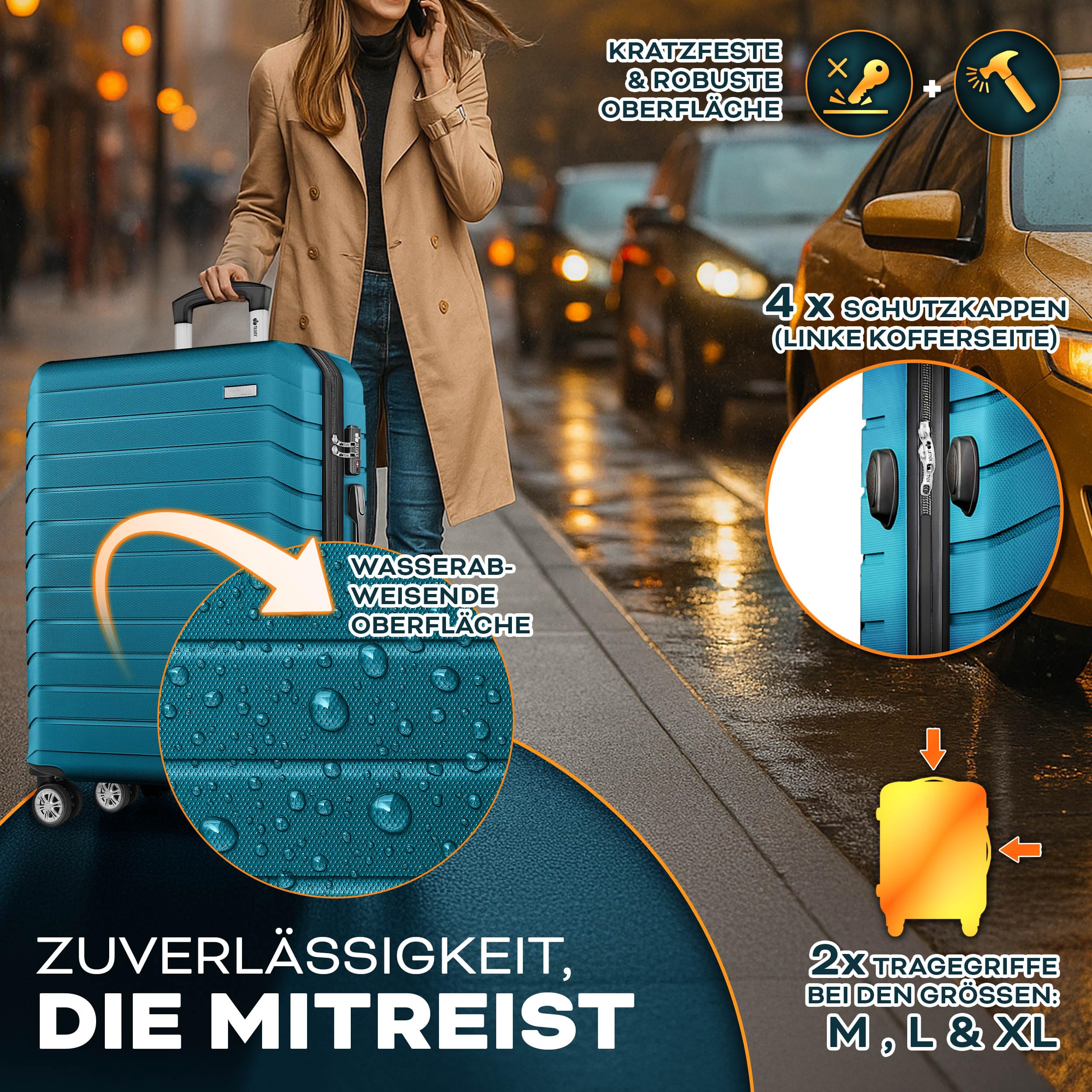 tillvex® Reisekoffer Set 4-teilig + Gepäckwaage, 4X Koffergurte & 4X Kofferanhänger | Kofferset 4 Rollen | Trolley Gepäck Koffer TSA Schloss | Hartschalenkofferset S-M-L-XL