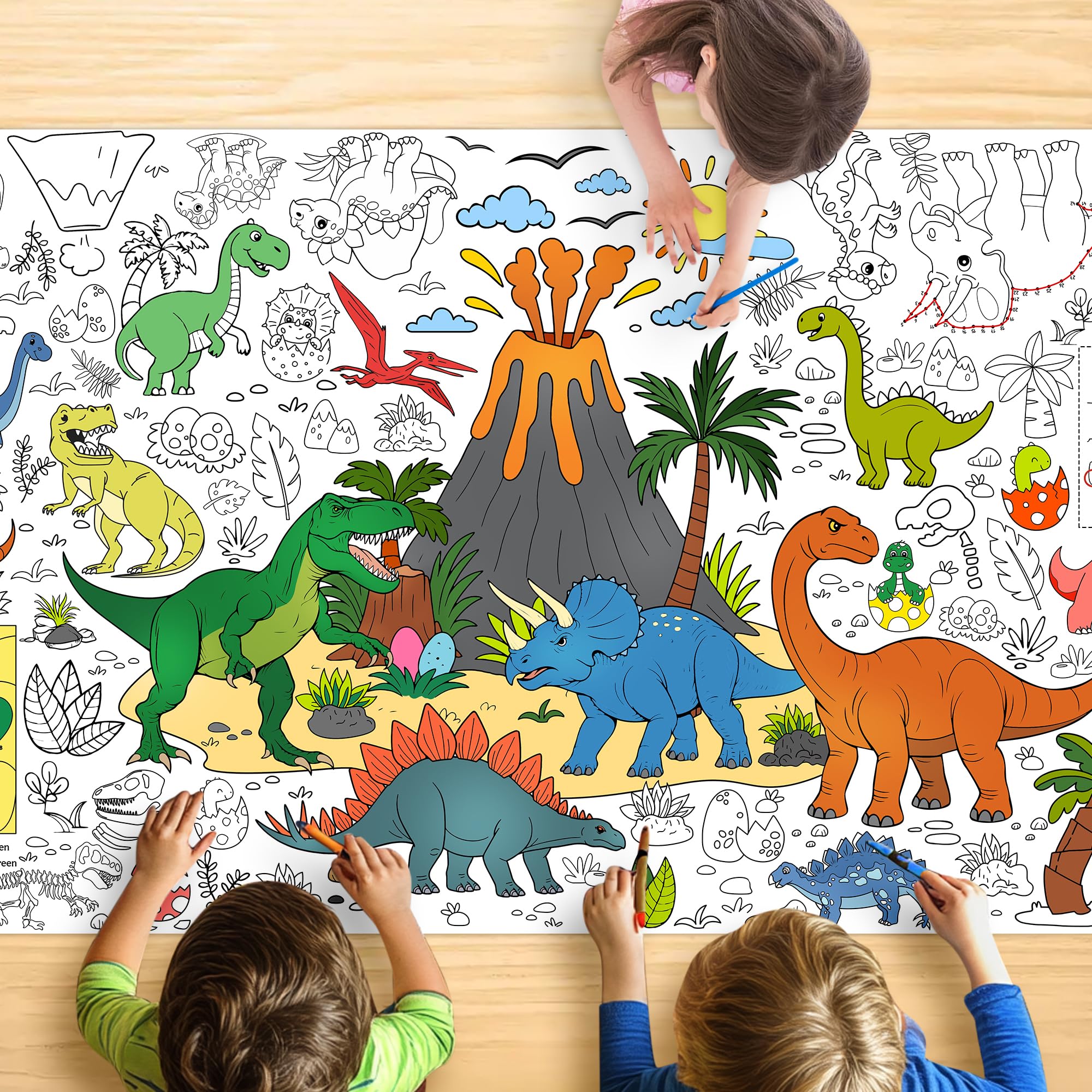 Dinosaur Coloring Tablecloth for Kids, Jumbo 30x72 Inch Poster with Dinosaurs, Volcanoes, Perfect for Boy Birthday Party Games, Decorations, Classroom Activities, Celebration Supplies