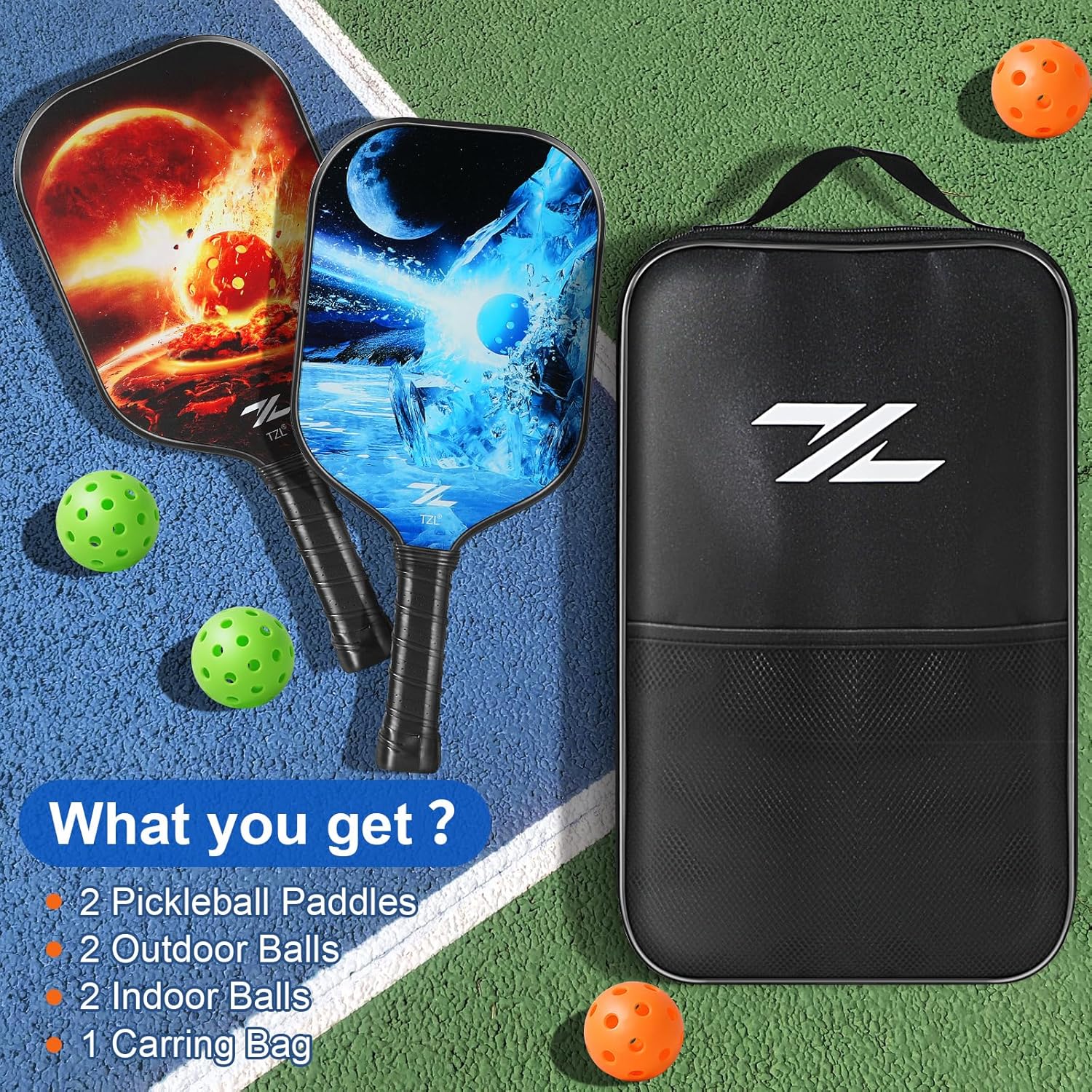 TZL Pickleball Paddles,Pickleball Paddles Set of 2 Rackets with 4 Pickleballs & Carry Bag,Lightweight Fiberglass Pickleball Paddle, Durable Pickleball Racket Set for Men, Women & Kids