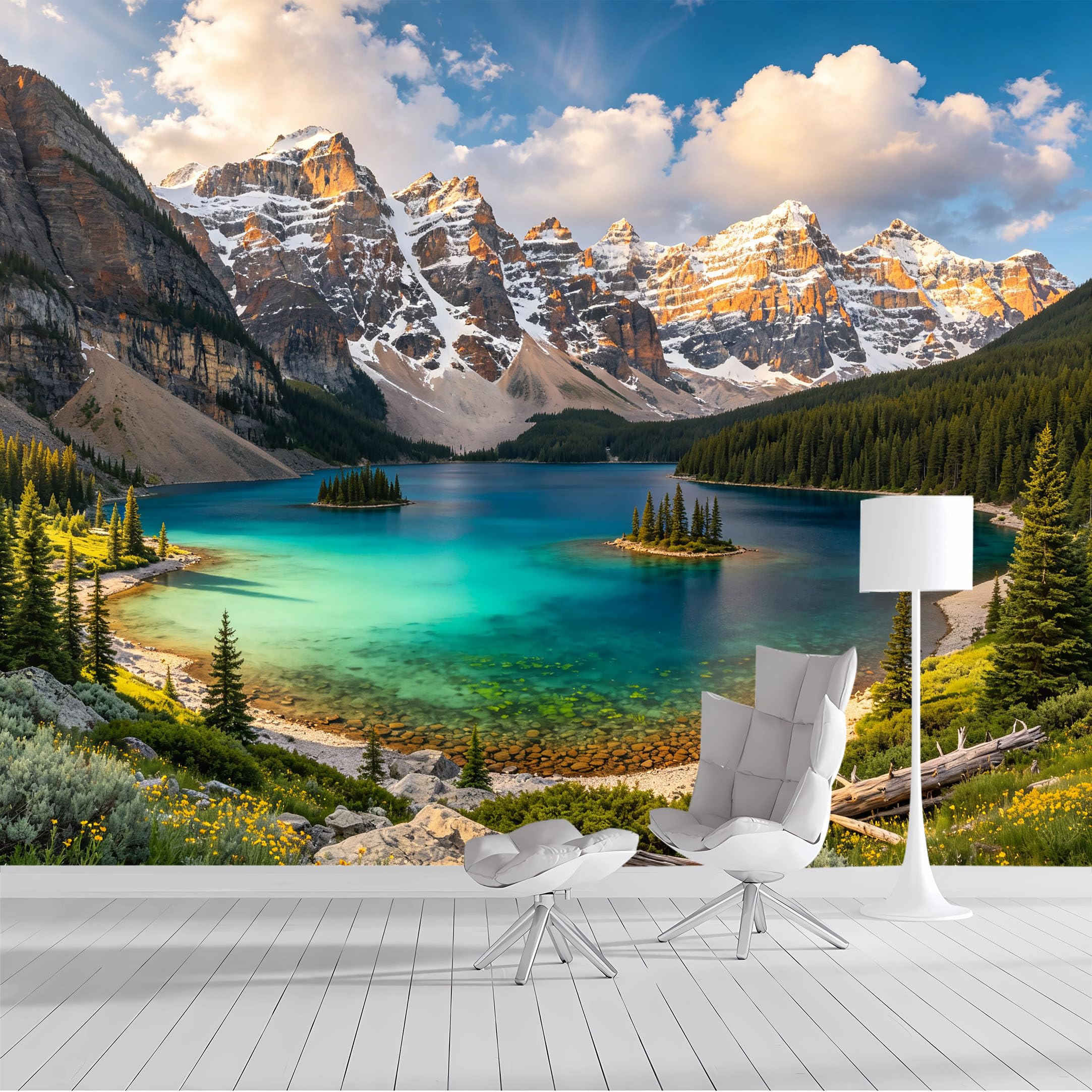 Custom Size Wall Mural Alpine Lake Mountain Seascape Wilderness Panoramic SelfAdhesive Wall Fabric Removable Peel and Stick Wallpaper Wall Decor for Living Room Bedroom Bathroom