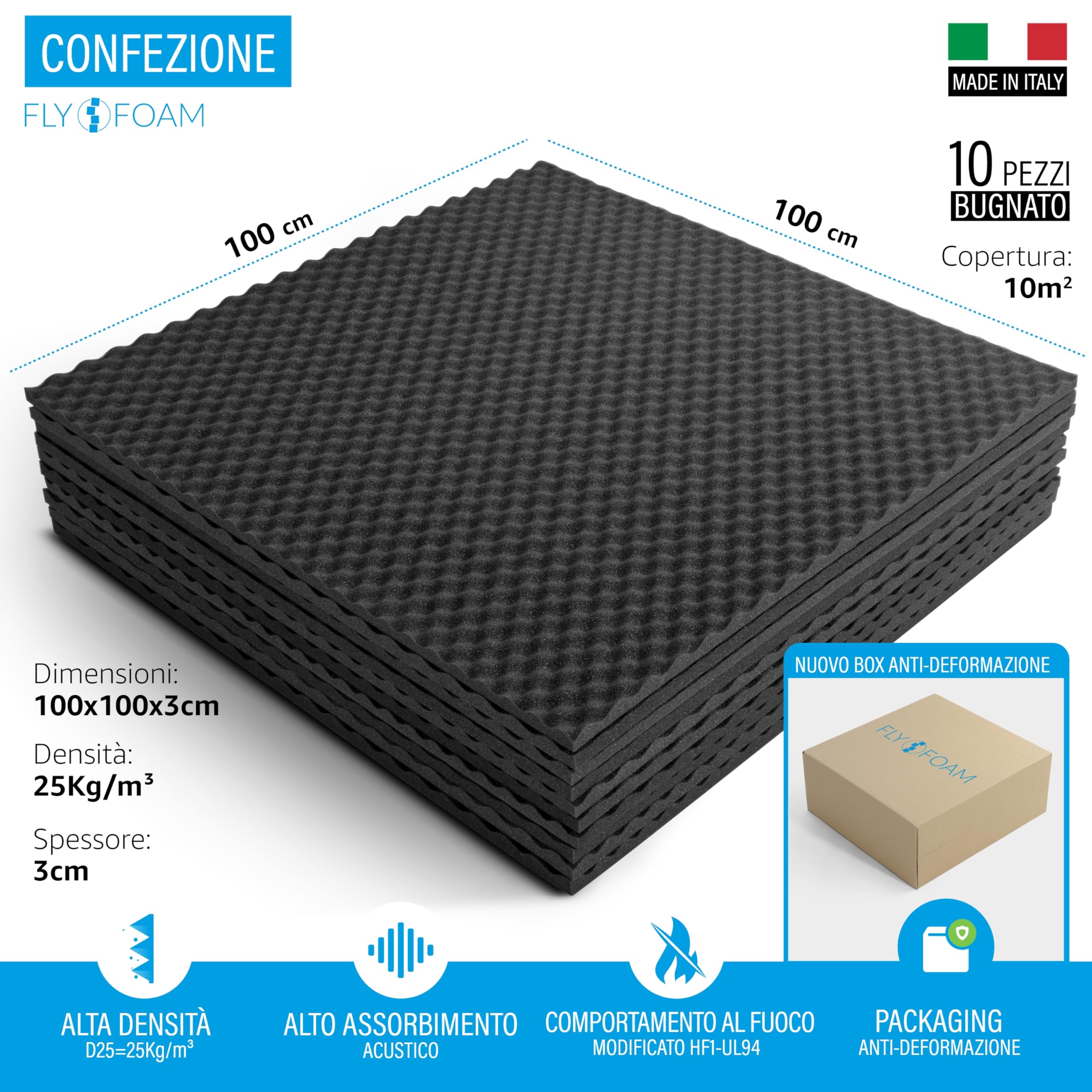 FLYFOAM | Pannello Fonoassorbente Bugnato in Poliuretano Espanso, 10 Pezzi da 100x100x3 cm, D25 con Comportamento al Fuoco HF1-UL94, per Assorbimento e Isolamento Acustico, Made in Italy