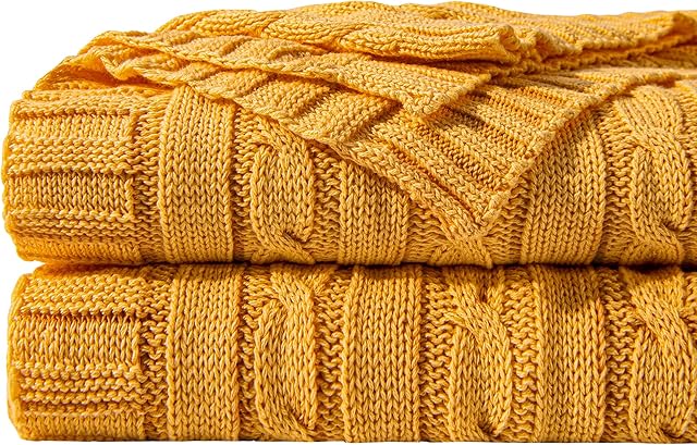 NTBAY 100% Pure Cotton Cable Knit Throw Blanket, Super Soft Warm Knitted Throw Blanket for Couch, Sofa, Chair, Bed - Extra Cozy, Machine Washable, Comfortable Home Decor, Ginger Yellow, 130x170 cm