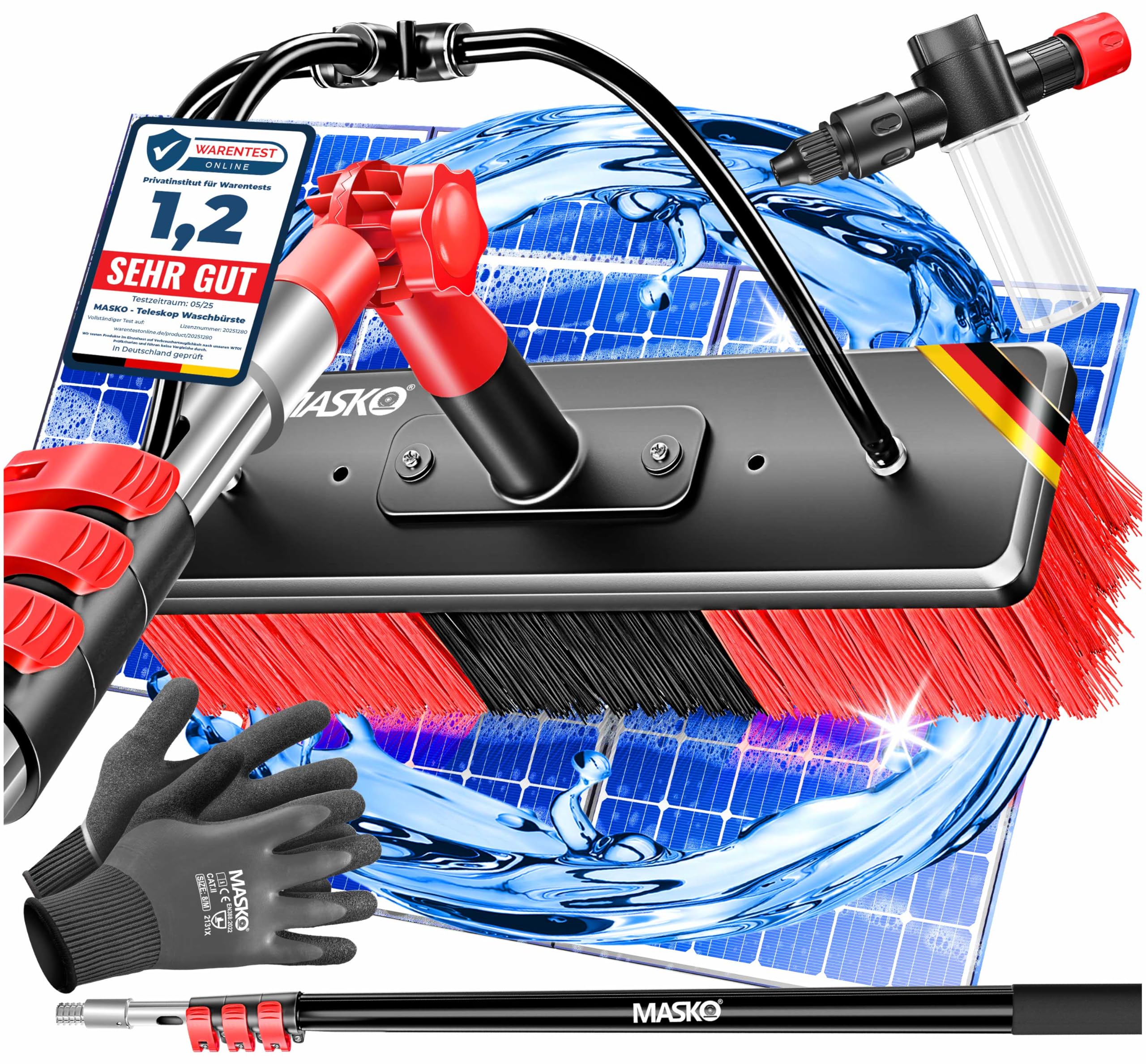 MASKO Cepillo de lavado telescópico con conexión de agua, 5,4 m, cepillo de limpieza con mango telescópico extensible, escoba telescópica, limpieza de ventanas y sistemas fotovoltaicos, cerdas suaves