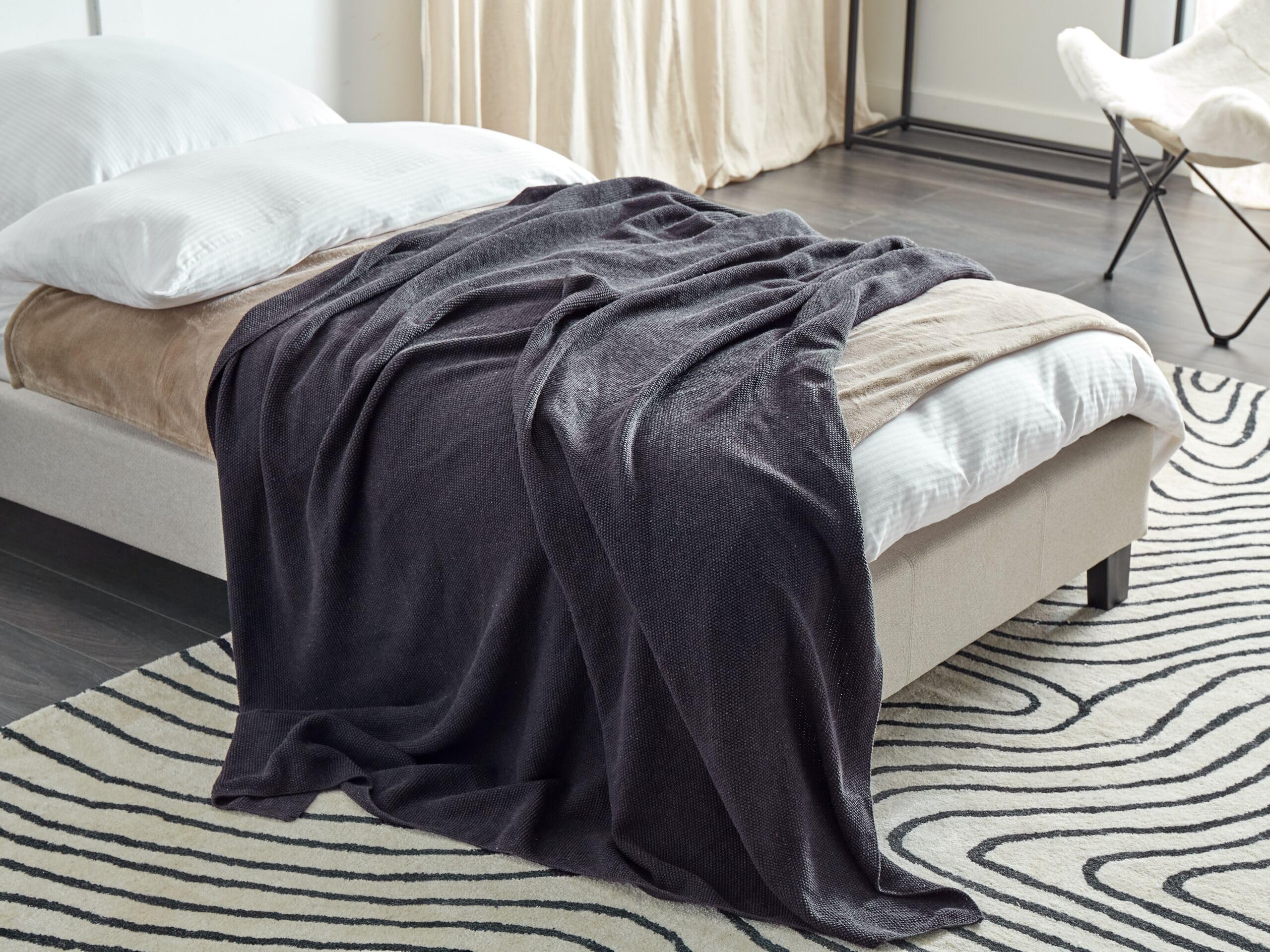Manta de algodón gris oscuro 130 x 180 cm cama punto de cruz tamaño grande Asaka