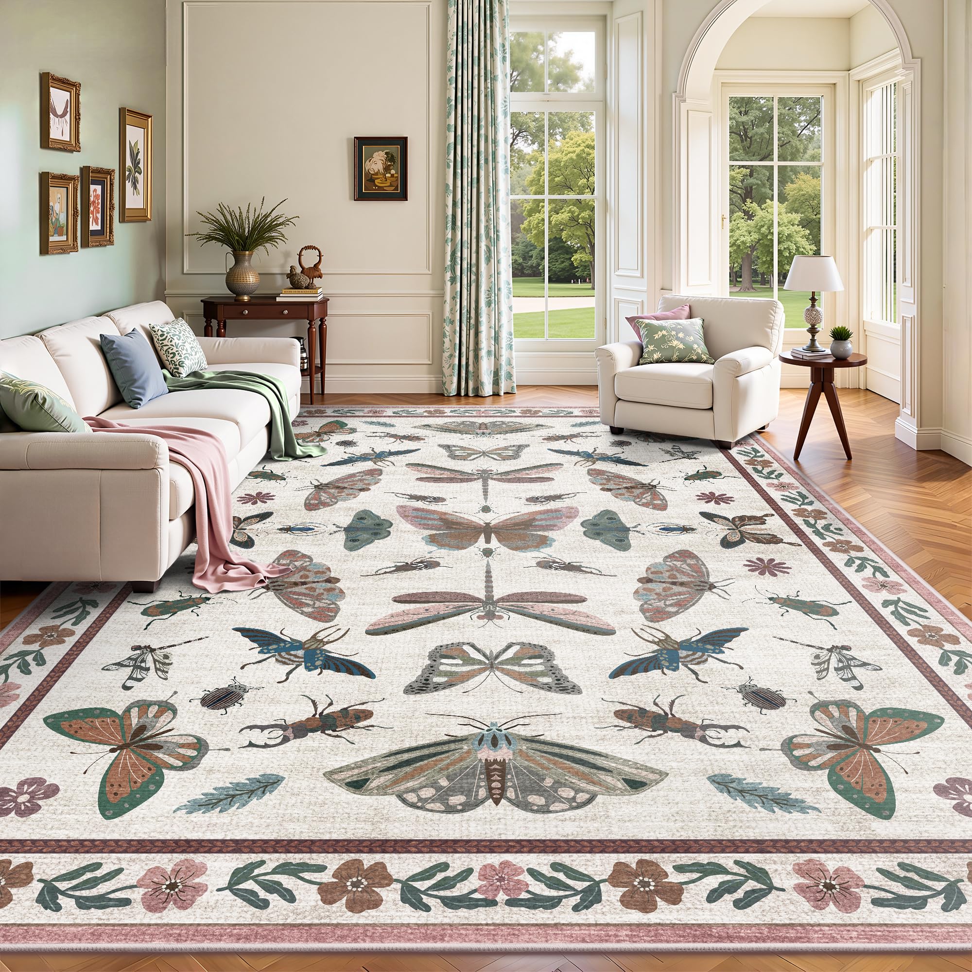 Photo 1 of Yarooge 8x10 Area Rugs, Insect Ultra Soft Washable Rug Non Slip with Rubber Back, Stain Resistant Rugs for Living Room, Bedroom, Dining Room, Kids Room(Pink Butterfly)