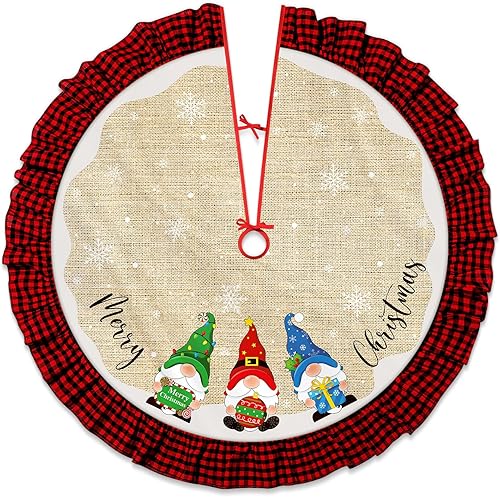 Chitidr Falda de árbol de Navidad, arpillera de lino, decoración de borde a cuadros, decoración de árbol de Navidad a cuadros negros y rojos, faldas