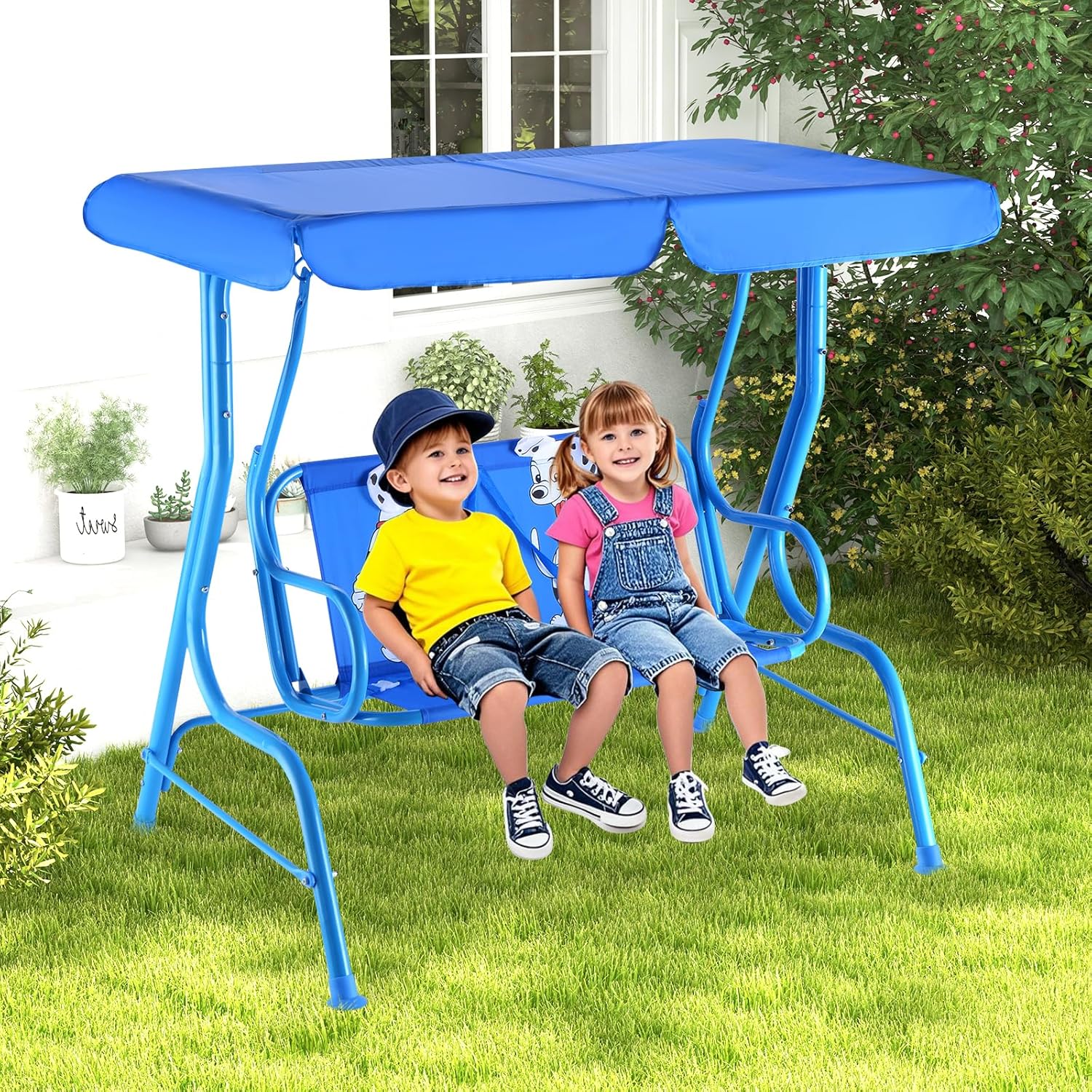 KOTEK Kids Patio Swing, 2-Seater Outdoor Hanging Bench with Adjustable Canopy, Safety Belt & Curved Armrest, Kids Swing Chair with Stand for Backyard, Garden, Lawn, Porch (Blue Puppy)