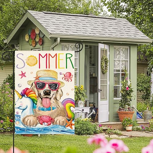 Miniatura 4 de AVOIN colorlife Bandera de verano para piscina, playa, jardín, 12 x 18 pulgadas, doble cara en el exterior, diseño de ondas de perro Golden