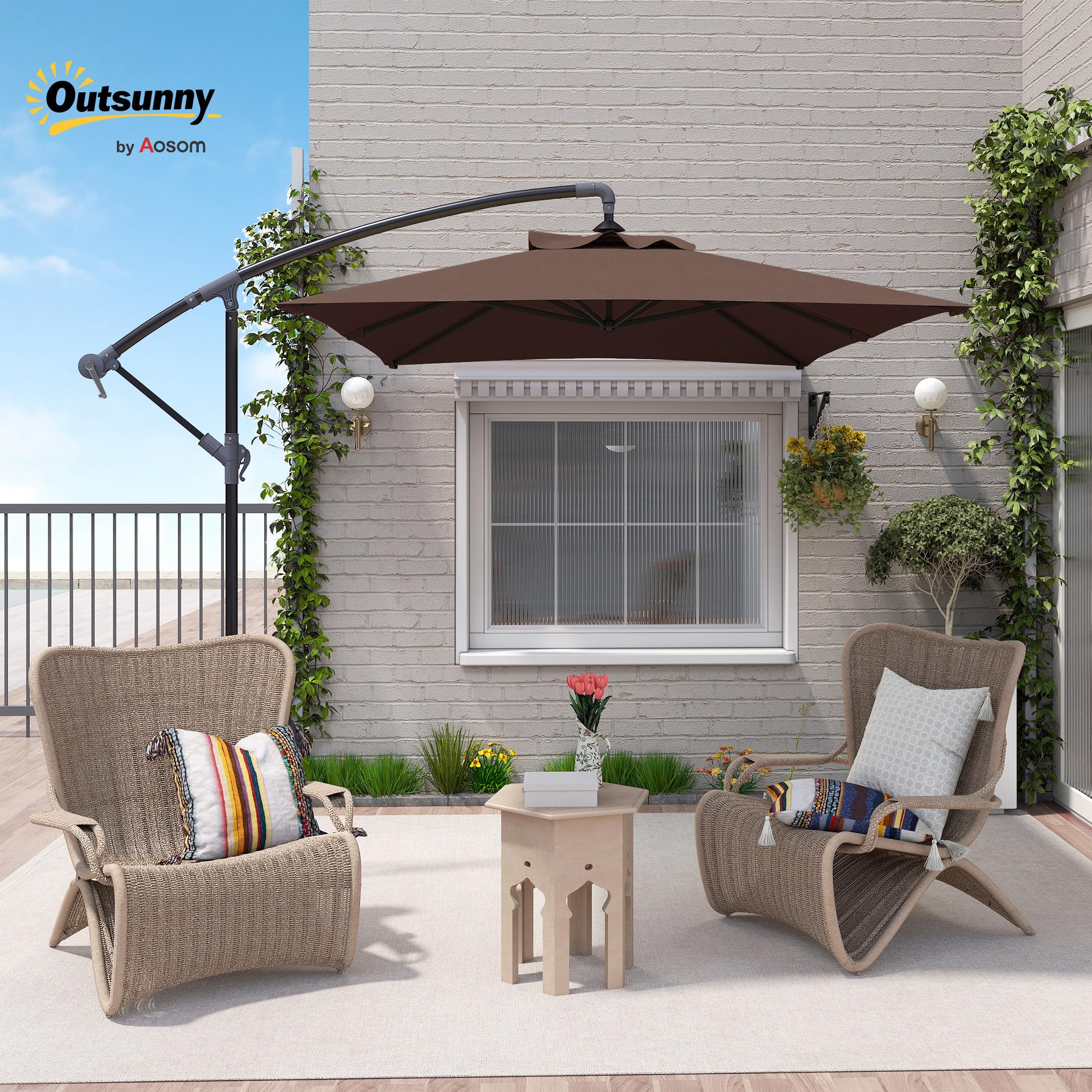Outsunny Parasol Déporté 3 x 2 m Rectangulaire Extérieur Manivelle Marron