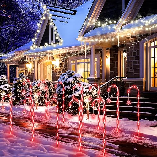 Miniatura 8 de Luces solares de bastón de caramelo de Navidad, luces rojas, paquete de 12 luces mejoradas para caminos al aire libre, 8 modos de luces de 2000 mAh,