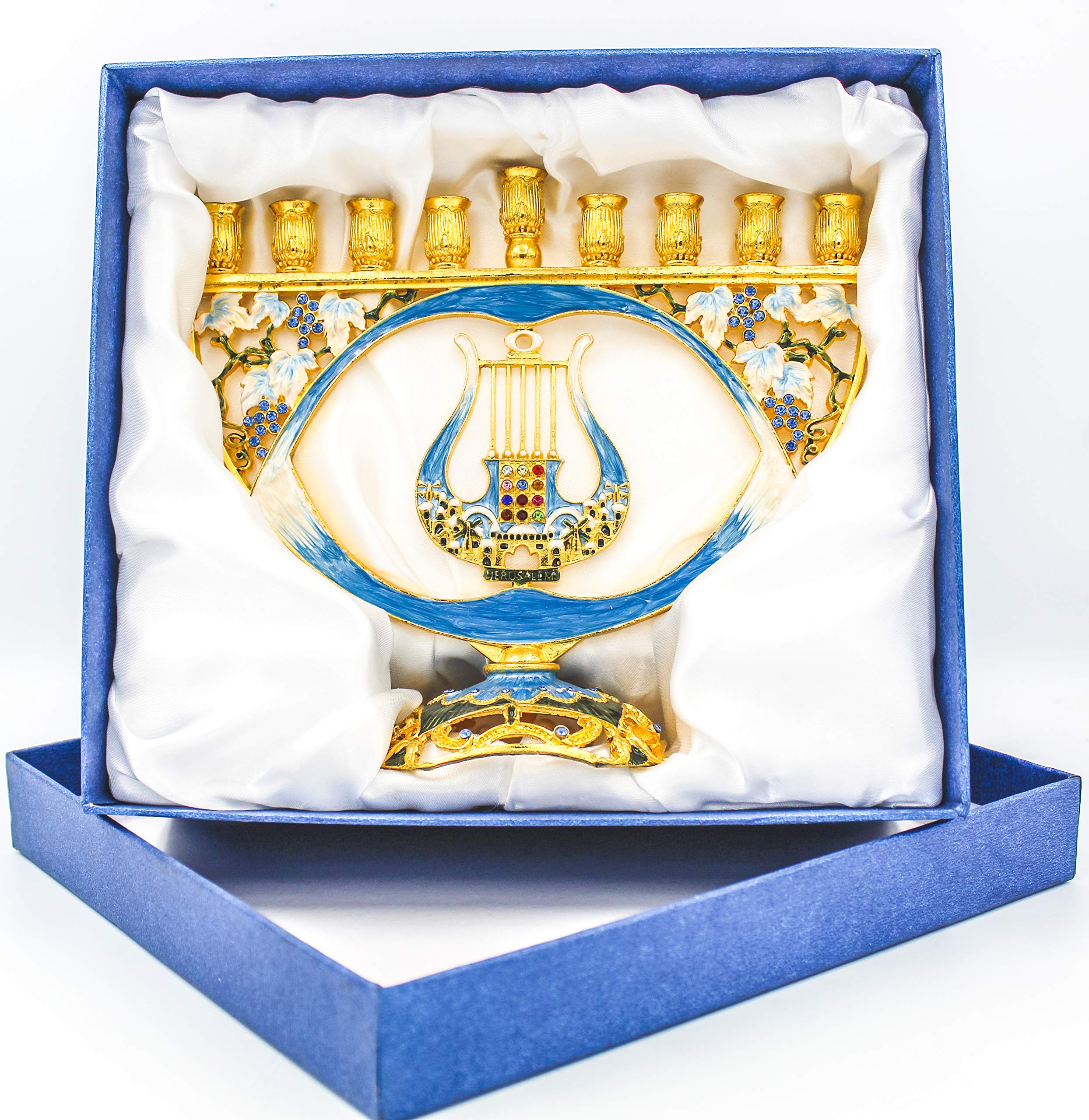 Mosaic Artistic Jeweled Menorah (Hand-Painted Jeweled Mosaic Blue & Gold - Harp)…