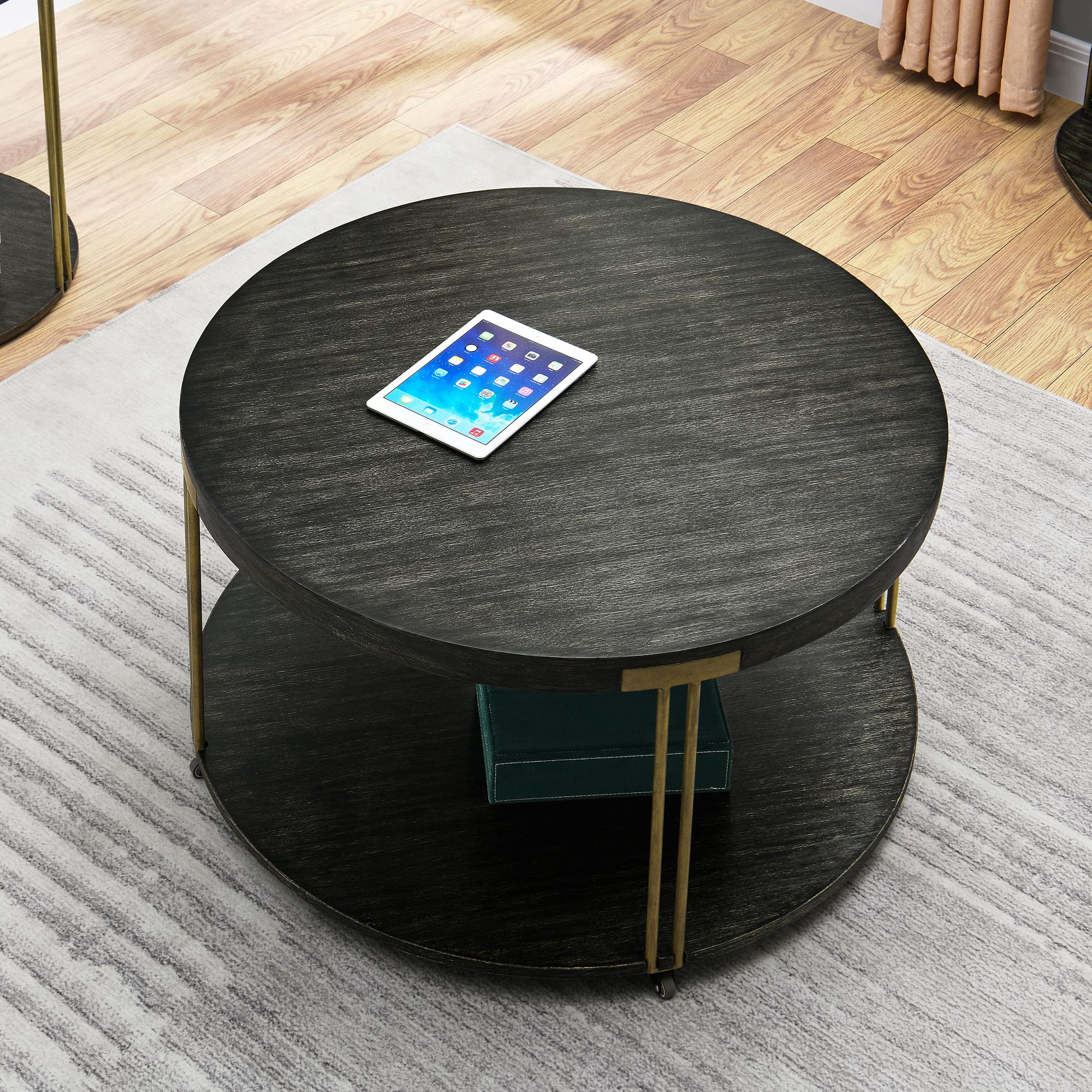 2-Tier Round Coffee Table with Wheels for Living Room Tables with Storage Shelf, Solid Wood Veneer Desktop and Sturdy Metal Legs Modern Coffee Table, Designed Home Furniture, Black and Gold