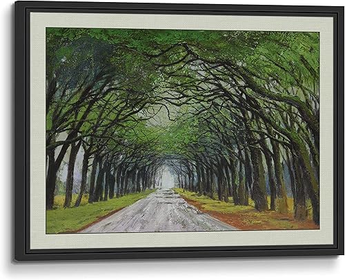 Lienzo pintado a mano con pintura al óleo, arte de pared, naturaleza, bosque, roble, árboles, carretera, paisaje, hecho a mano, enmarcado, textura