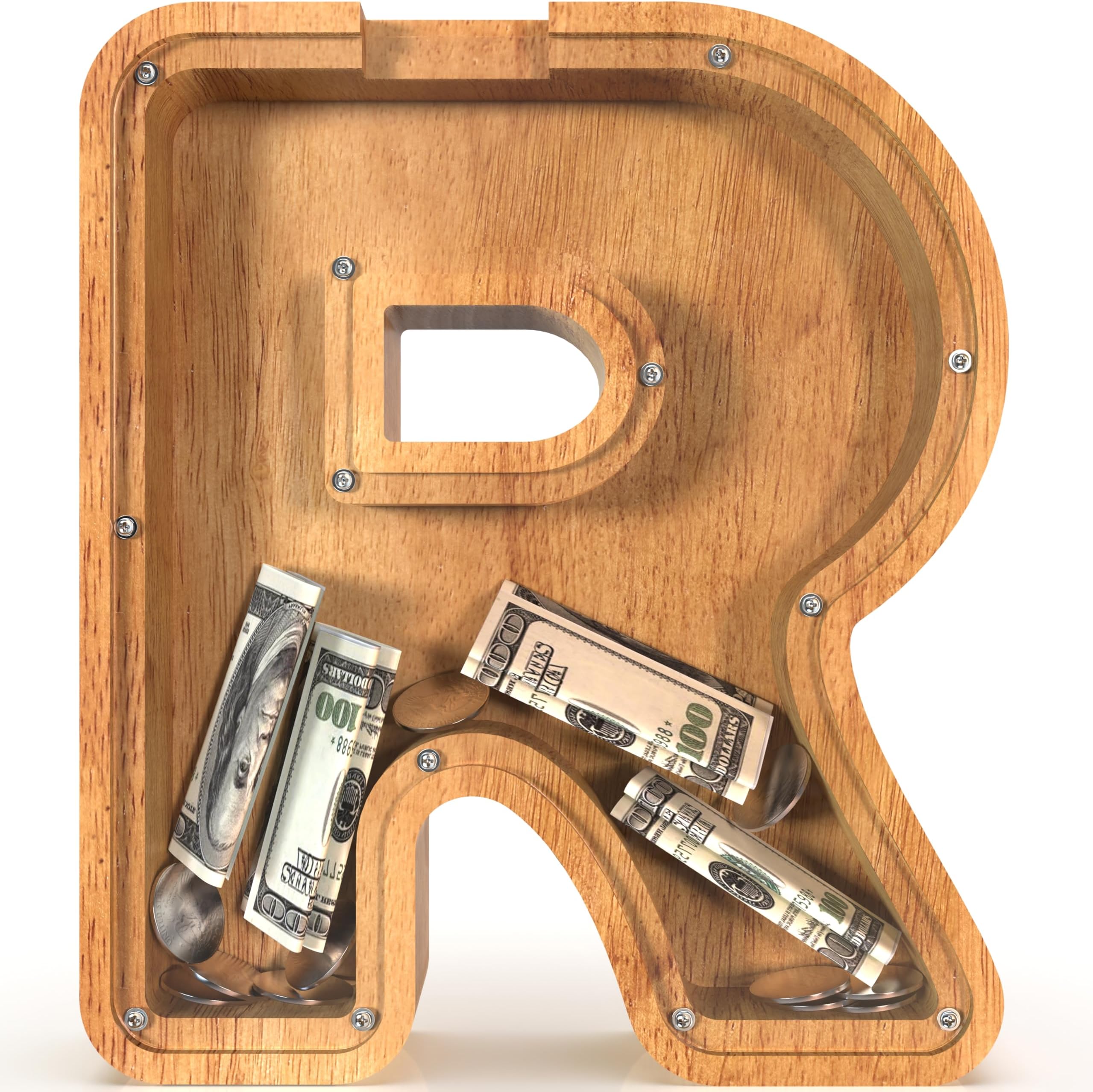 12" Extra Large Wooden Letter Piggy Banks - Piggy Banks for Boys Girls Kids, Alphabet Money Banks with Initial R - Coin Banknote Bank Birthday/Christmas for Kids
