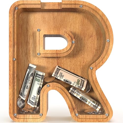 Alcancías de madera extra grandes de 12 pulgadas  Alcancías para niños y niñas, bancos de dinero del alfabeto con inicial R  Banco de billetes de