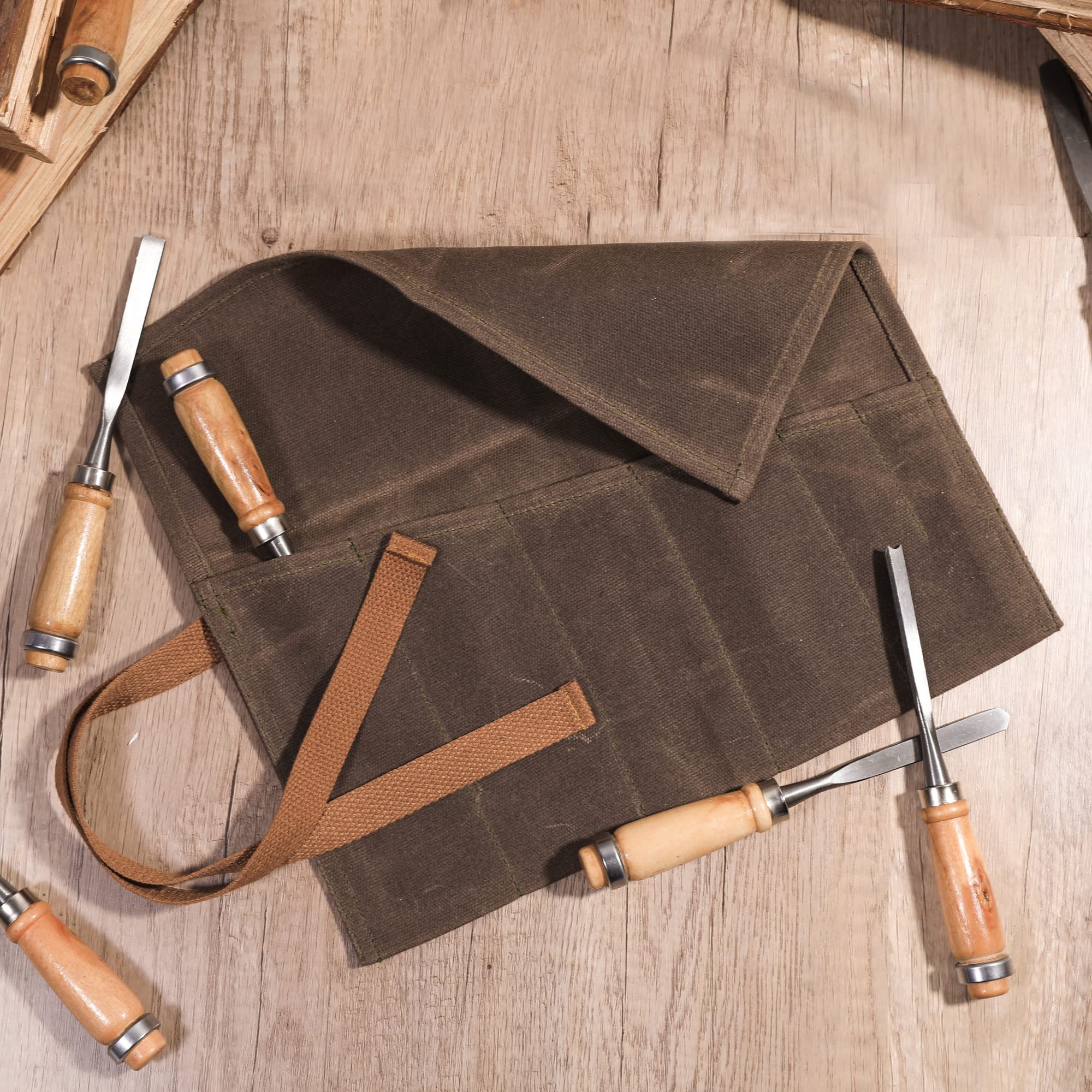 Rollo de herramientas con 6 bolsillos, bolsa enrollable de lona encerada para cinceles, martillos, plantillas de pesca, cuchillo de talla (gris)