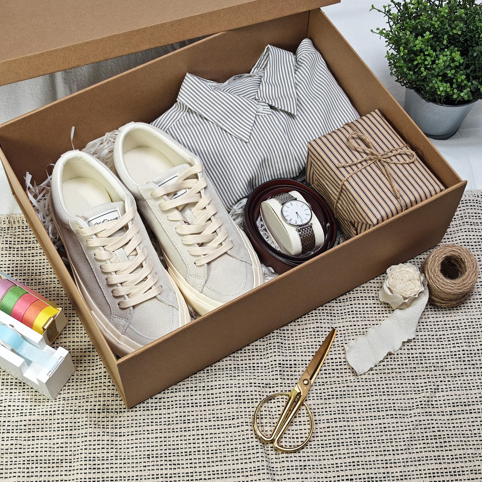 Tekhoho Grande Scatola Regalo Kraft 44x33x14cm, Scatola Rettangolare Premium con Coperchio per Regali, Confezione Regalo Natale Matrimonio Compleanno Festa, Stile Rustico.