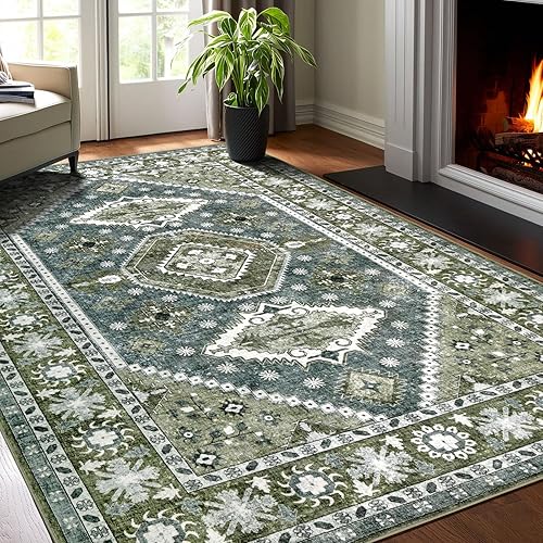 Miniatura 10 de Rofee Living Alfombra bohemia lavable de 8 x 10 pies, color verde oscuro y azul, alfombra grande y envejecida, antideslizante, para sala de estar y