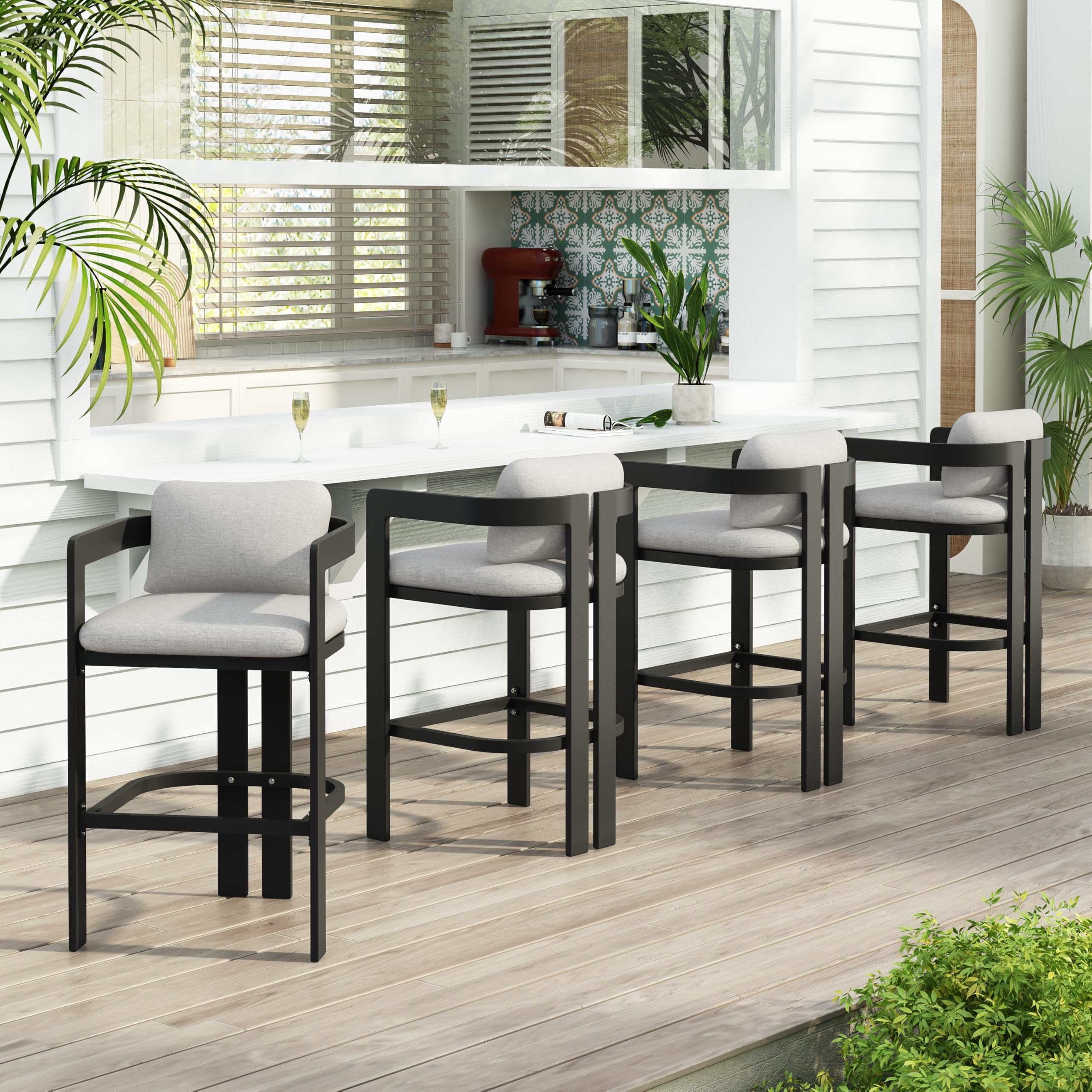 GDFStudio Outdoor Patio Aluminum Counter Stool Set of 4, Modern Bar Chairs with Black Powder-Coated Frame and Grey Olefin Cushion, Counter Height