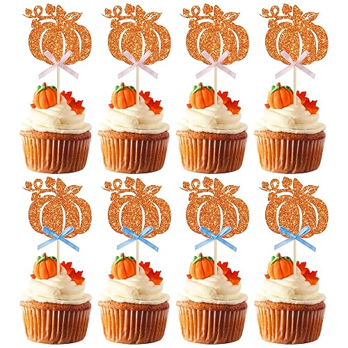 Miniatura 8 de Gyufise 24 piezas de calabaza Oh Baby Cupcake Toppers Blue Fall Pumpkin Cupcake Picks Baby Shower decoración de pastel de calabaza temática de