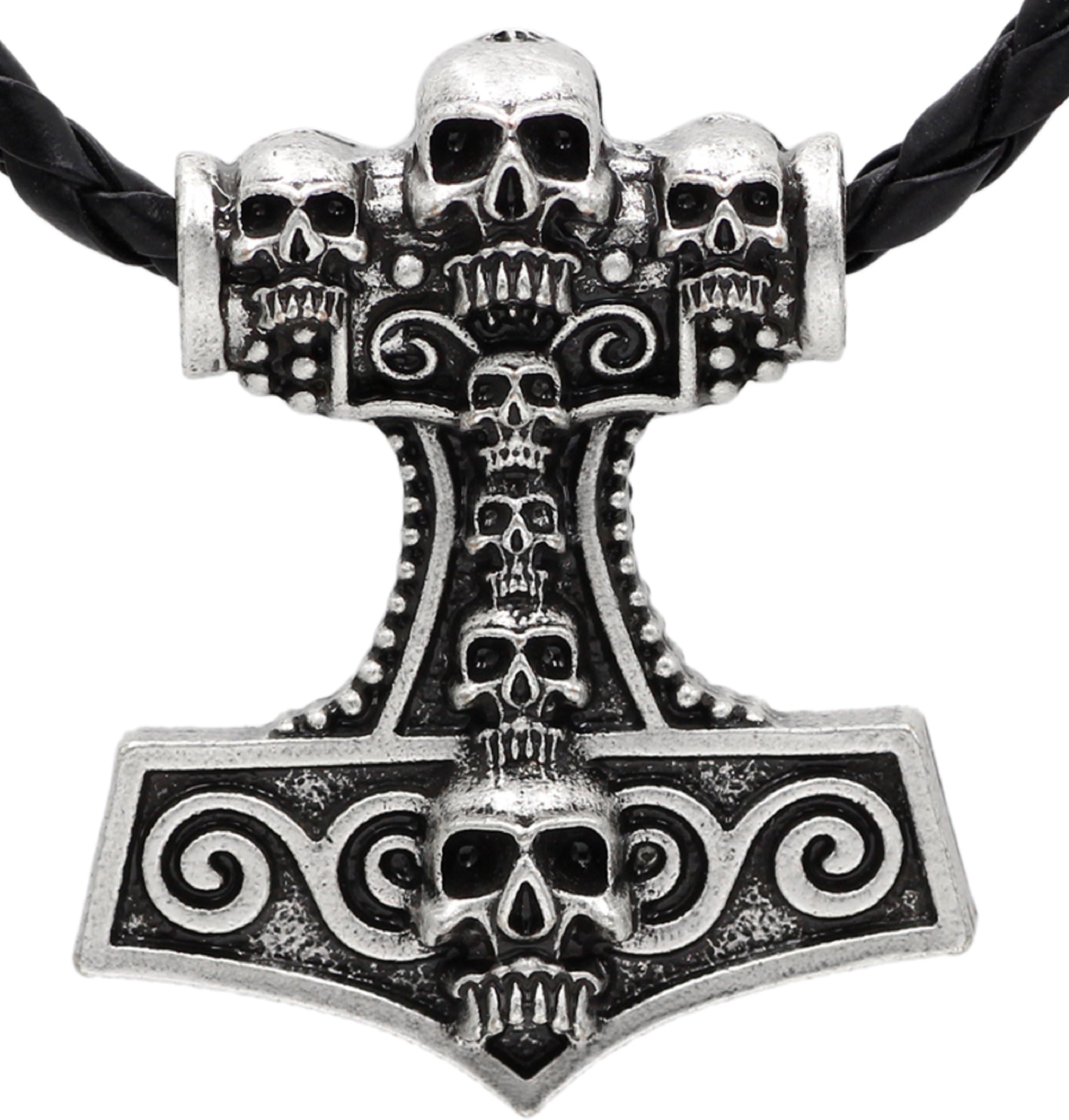 PRETTYROSARY VIKING THOR`S HAMMER SKULL NECKLACE - ODIN HAMMER LARGE AMULET MJOLNIR | NORSE SKULL CHARM | BIKER THOR HAMMER PENDENT | SKULL JEWELRY WOMEN RAVEN SKULL | ANIMAL SKULL | LEATHER SILVER