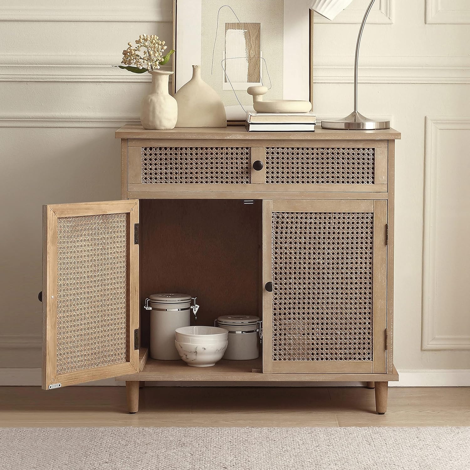 Fat Ant Sideboard Buffet Cabinet, Rattan Storage Cabinet with 2 Doors and Removable Shelf, Farmhouse Decor with Drawers for Living Room, Entryway, Hallway, Kitchen, Dining Room