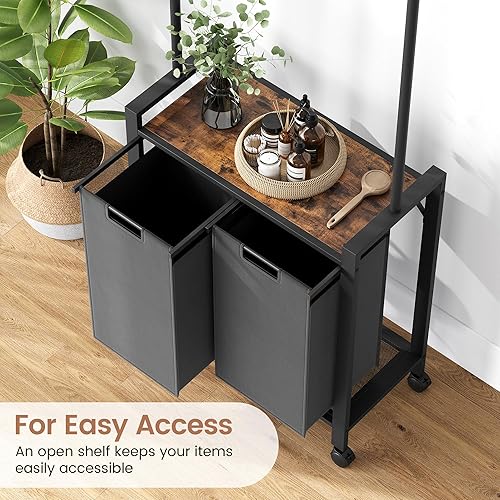 Miniatura 7 de Clasificador de ropa sucia con barra para colgar, cesta de lavandería rodante de 2 secciones con ruedas, organizador de cesta de lavandería con 2