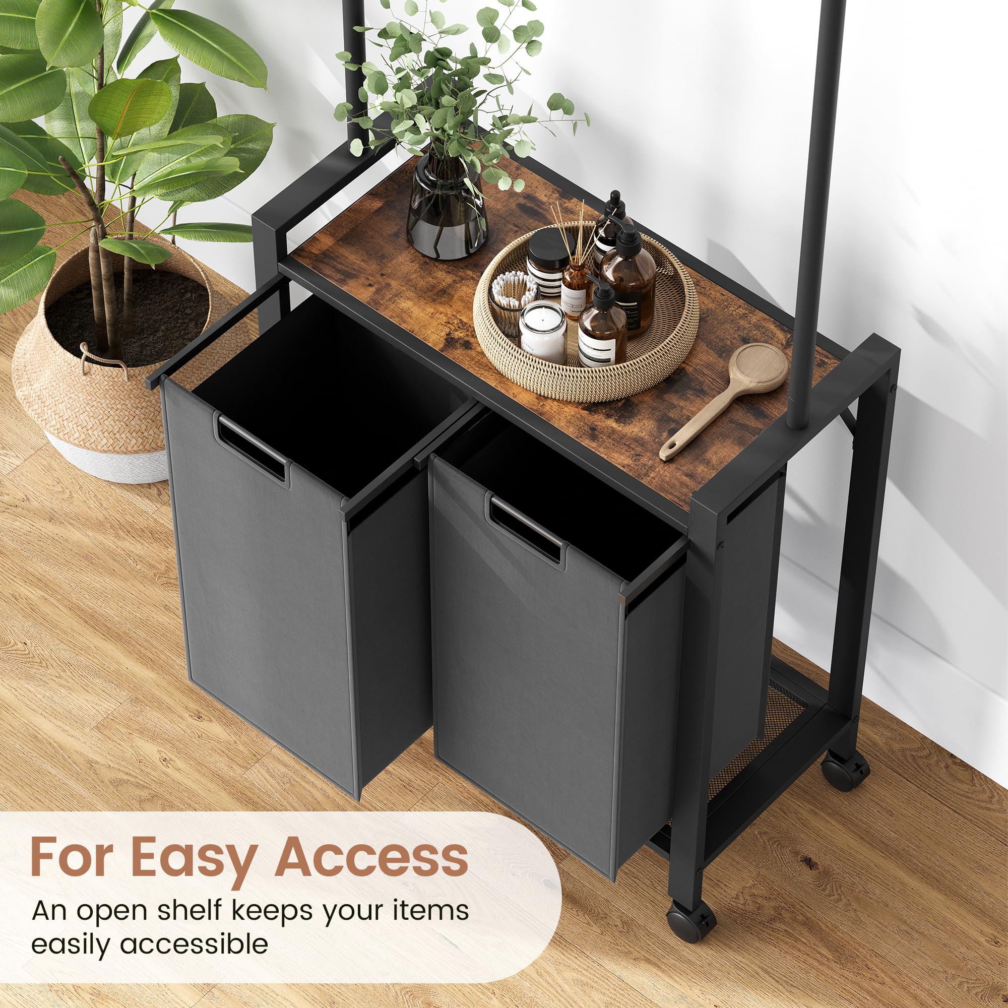 GarveeLife Wäschesammler 3 Fächer,Wäschekorb Mit Ablage, 3x49 l Wäschebox Rollen, Wäschesack Aus Oxford-Gewebe Abnehmbar, Metallrahmen