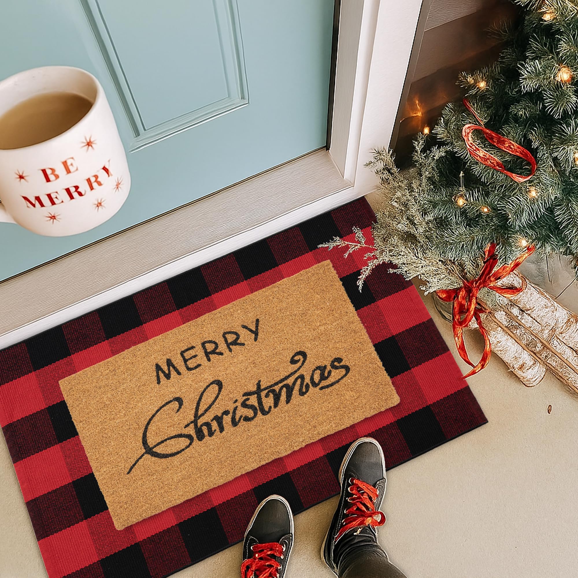Juego combinado de felpudos de Navidad, tapete de bienvenida 100% fibra de coco + alfombra de cuadros rojos y negros de 28 x 43 pulgadas, tapete decorativo de Año Nuevo, colección de Navidad, para