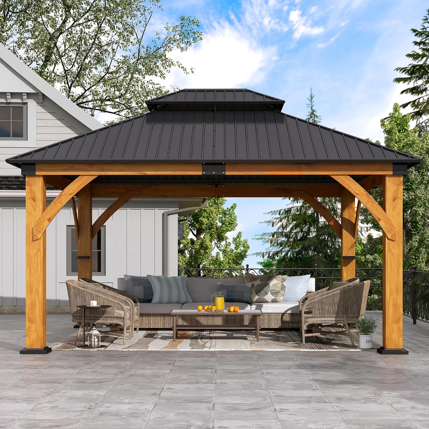 13' x 15' Wood Gazebo, Upgraded Spruce Wooden Gazebo with Double Galvanized Steel Roof, Outdoor Wooden Hardtop Gazebos for Deck, Backyard
