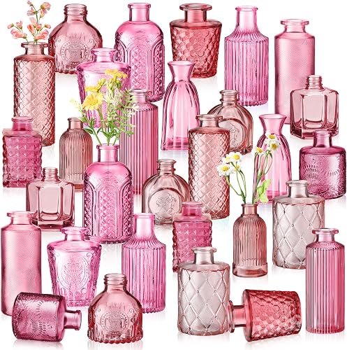 Yaomiao 30 Pcs Glass Bud Vases Centerpieces, Pink Series | Vintage Embossed Textured Glass, Mini Colored Flower Vase for Wedding, Home Party Table Decor, Rustic Gifts