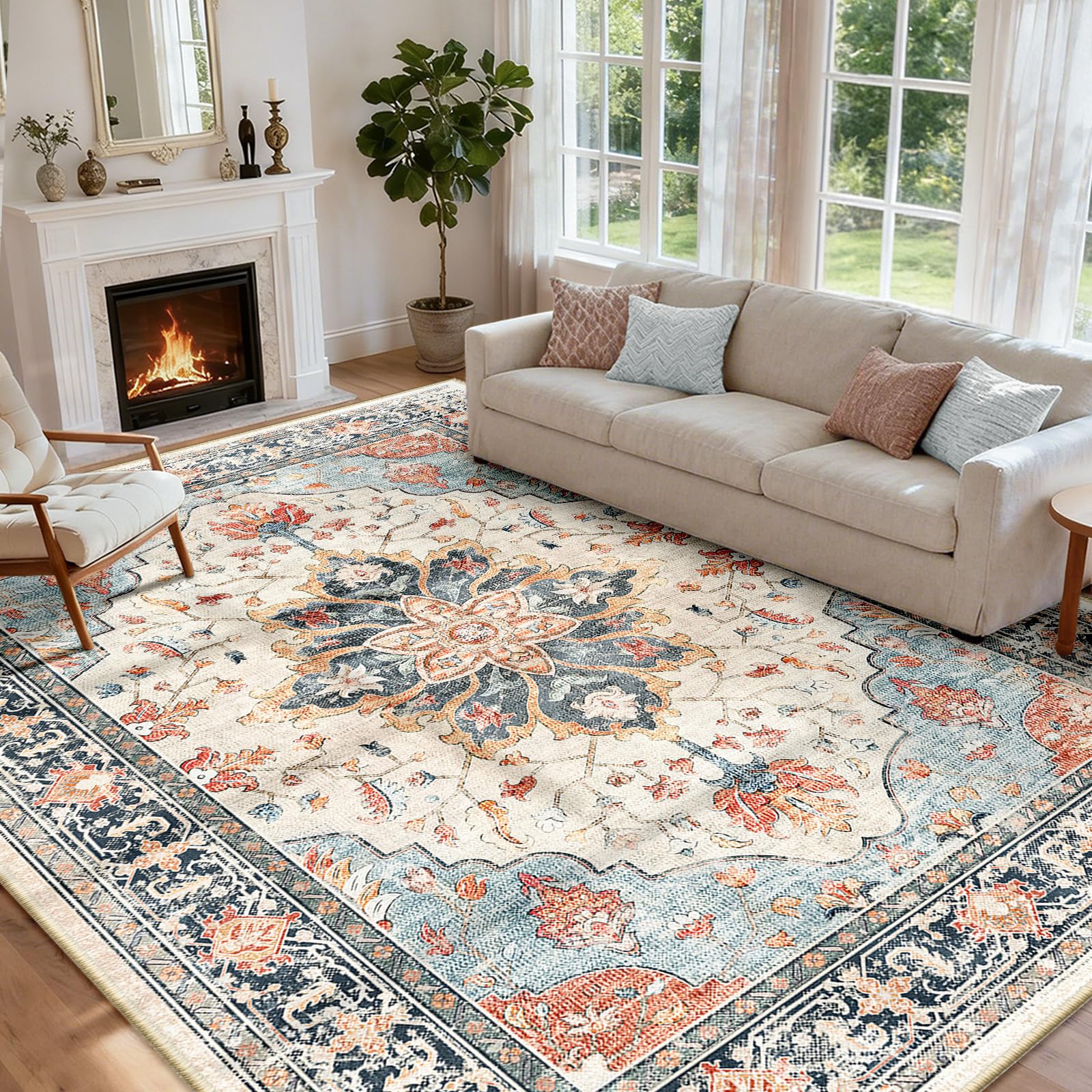 INOVADAY Machine Washable Rugs 240x300 cm Vintage Area Rug Low Pile Anti-Slip Carpet with Print Pattern for Living Room Bedroom Home Office Indoor Beige/Blue/Orange โ image 1