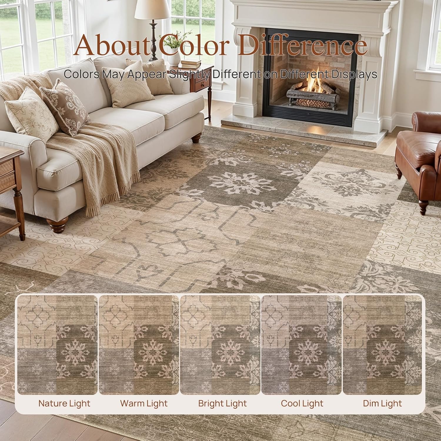 UERMEI Modern Geometric Patchwork Area Rug 5x7, Washable Brown Color-Block Carpet Non-Slip Low-Pile Foldable Rugs for Living Room Bedroom Dining Room Indoor - Warm Brown