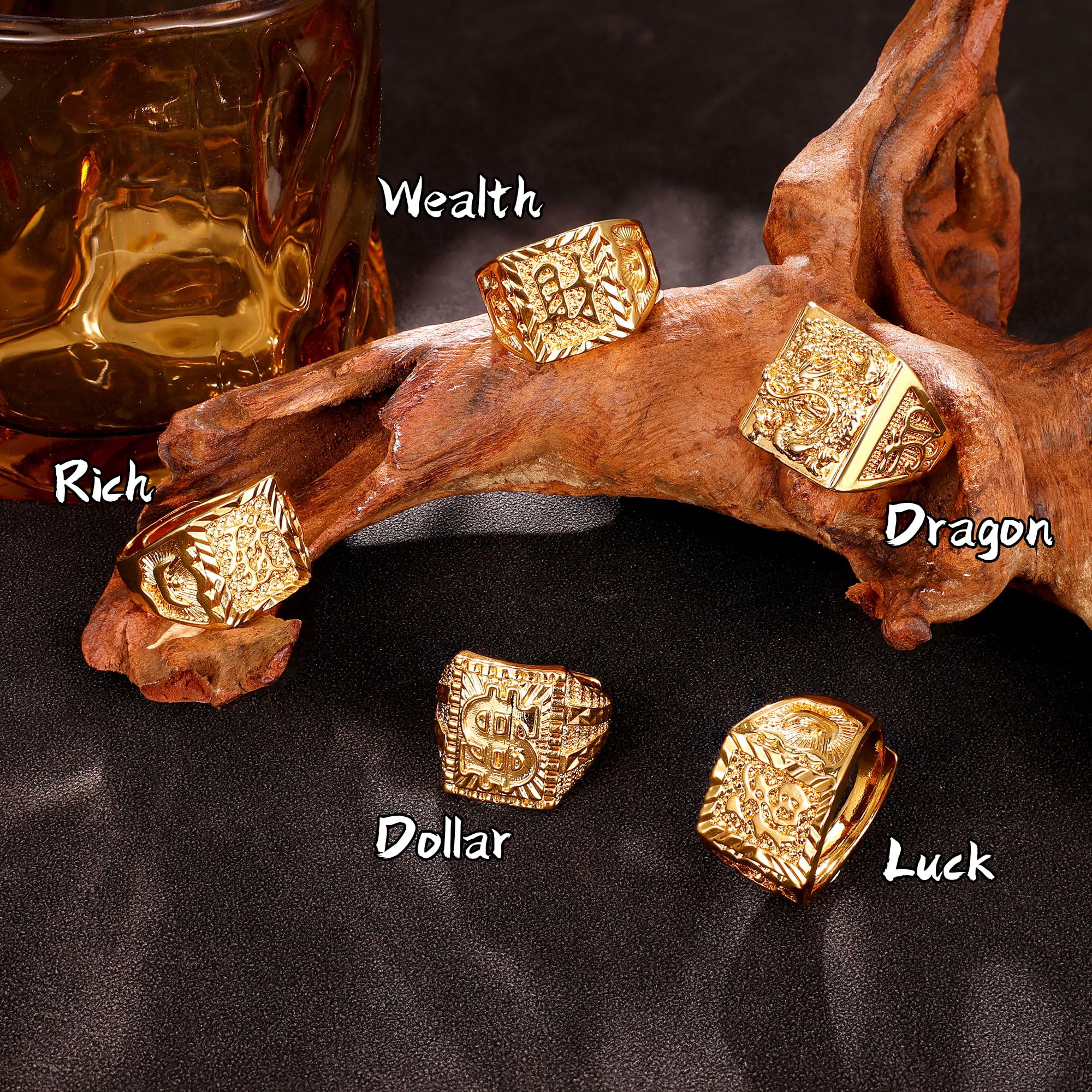 Juego de 5 anillos rellenos de oro de 18 quilates para hombres y mujeres, anillos Kanji, rica suerte, riqueza, dragón dólar, juego de anillos de tamaño ajustable, Cobre, Sin piedras preciosas 2
