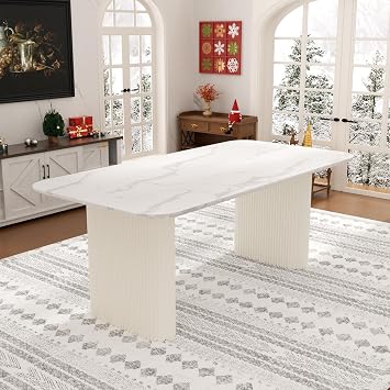 70.9 Modern Marble Oval Dining Table for 4-6, Cream Style Rectangle Kitchen Table with White Wave Legs, Large Accent Dining Table for Kitchen, Dining Room, Meeting Room, Easy to Assemble