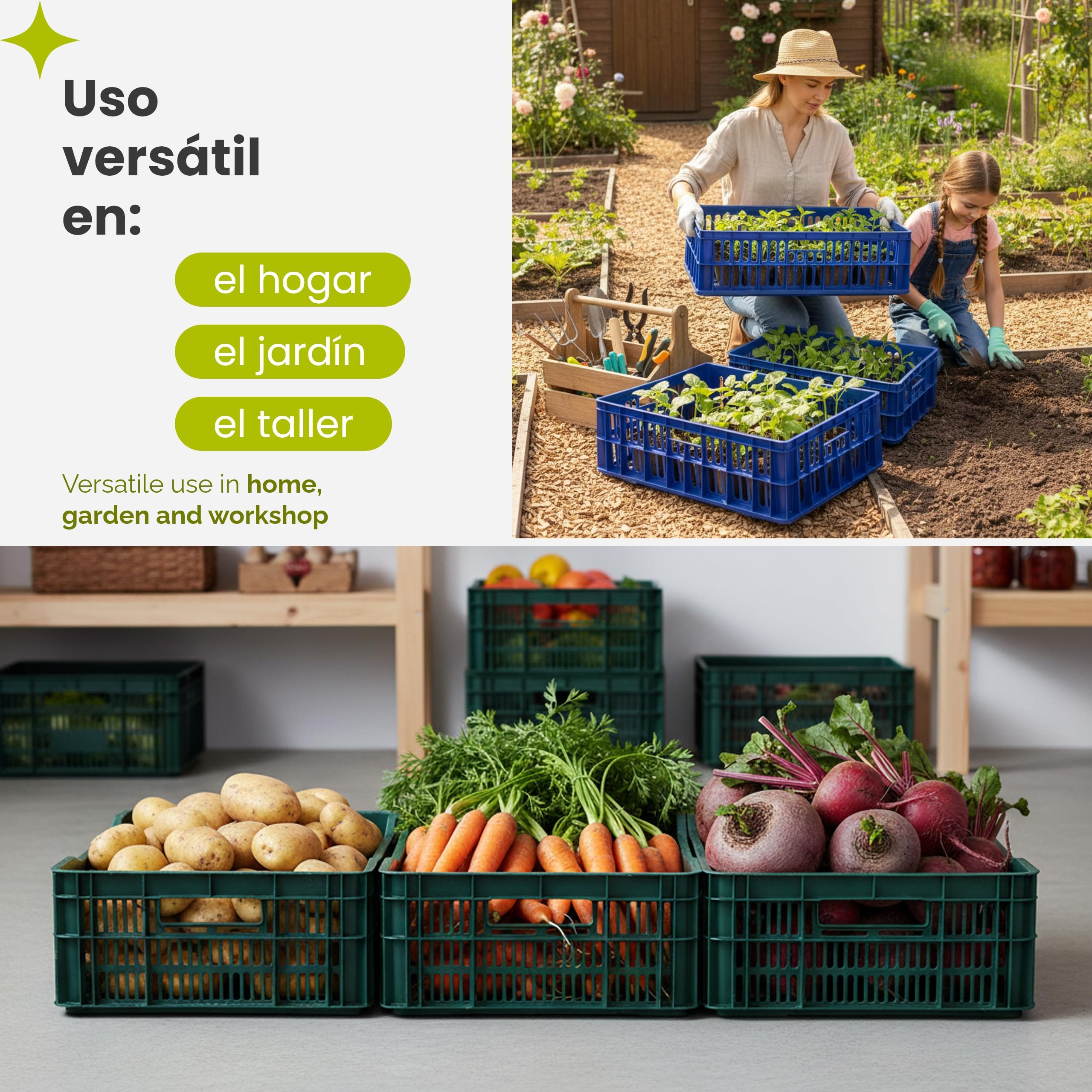 Garronda Cajas Almacenaje Plástico Grande 69x47x20 cm - Organizadoras HDPE Perforada 64L, Apilables y con Asas, Resistente para Almacén, Garaje y Transporte Profesional GD-0190 (Pack de 4, Verde)