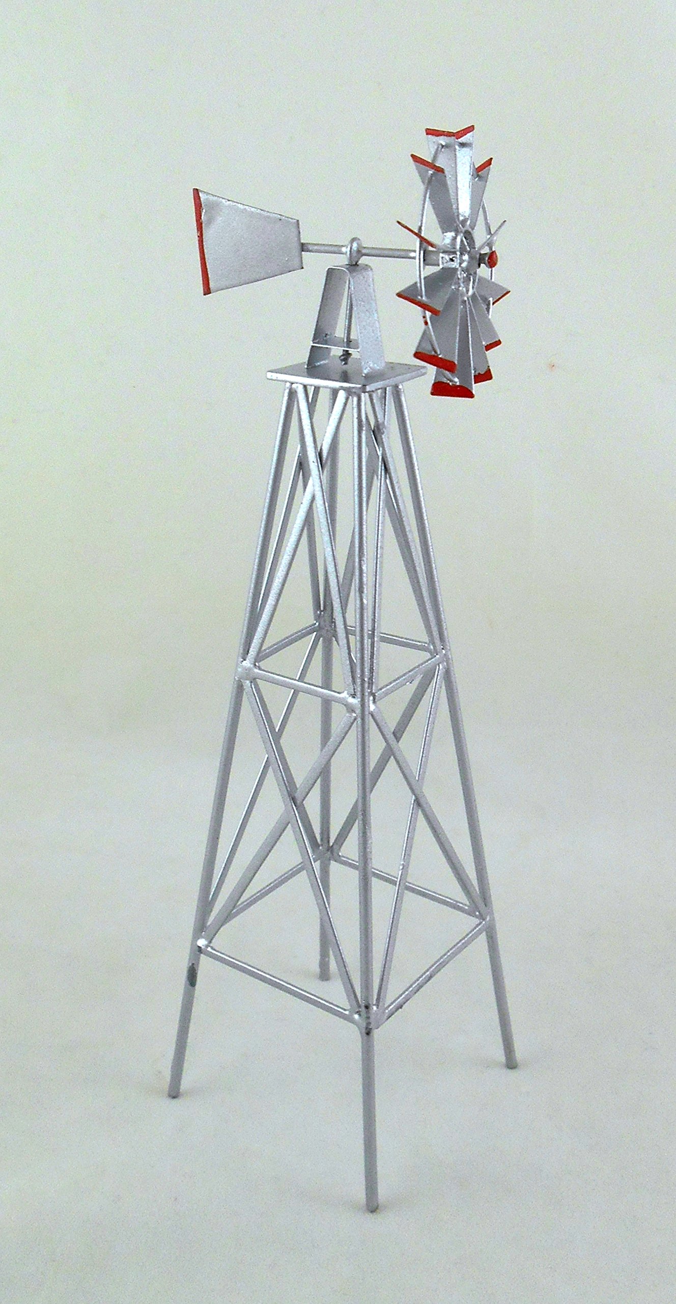 Dollhouse Miniature Garden Windmill - Silver And Red Metal Decor 2.5x8.25 Inches