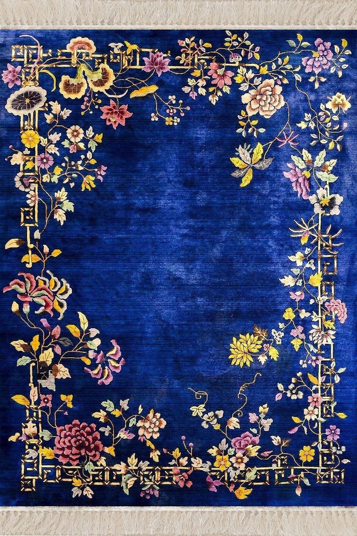 Pelangi Çiçek Desenli Etnik Dijital Baskı Yıkanabilir Kaymaz Taban Salon Halı, Lacivert 120 x 160