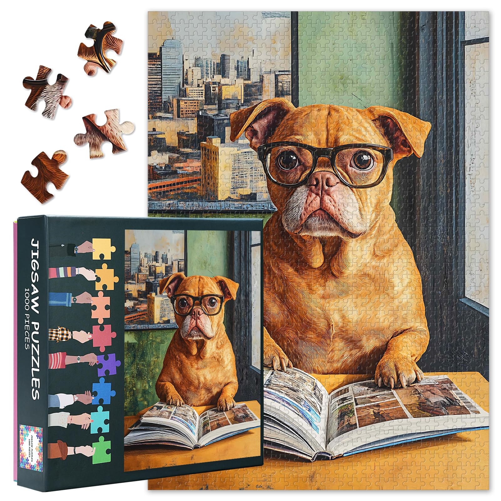 1000-piece puzzles - Dog with Glasses Reading a Book, Easy-to-solve puzzle for adults and children ages 9 and up. Finished size: 50x70cm