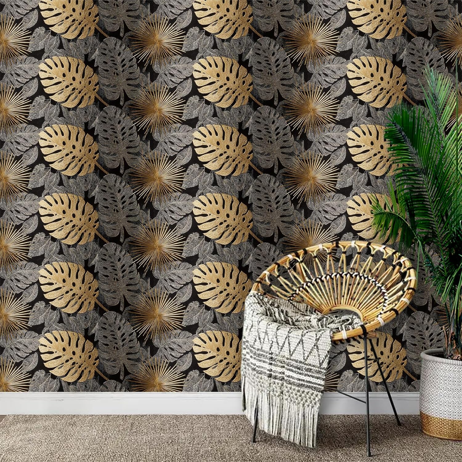 Tropical Leaf Wallpaper Peel and Stick 17.7" x 118.1" Removable Self Adhesive Vinyl Contact Paper Gold Monstera Wall Decor for Modern Accent Living Room Bedroom