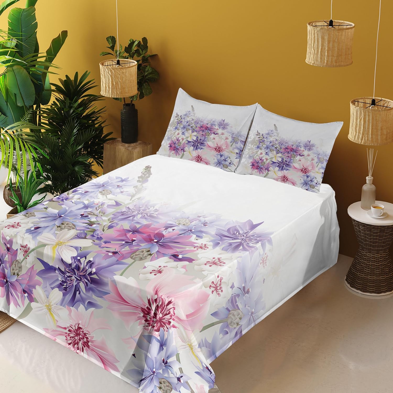 Ambesonne Lavender Sheet Set, Pastel Cornflowers Bridal Classic Design Gentle Floral Print Wedding Design, Fitted and Flat Sheet with Pillowcases Bedding Accent 4 Piece Set, Queen, Violet White Pink