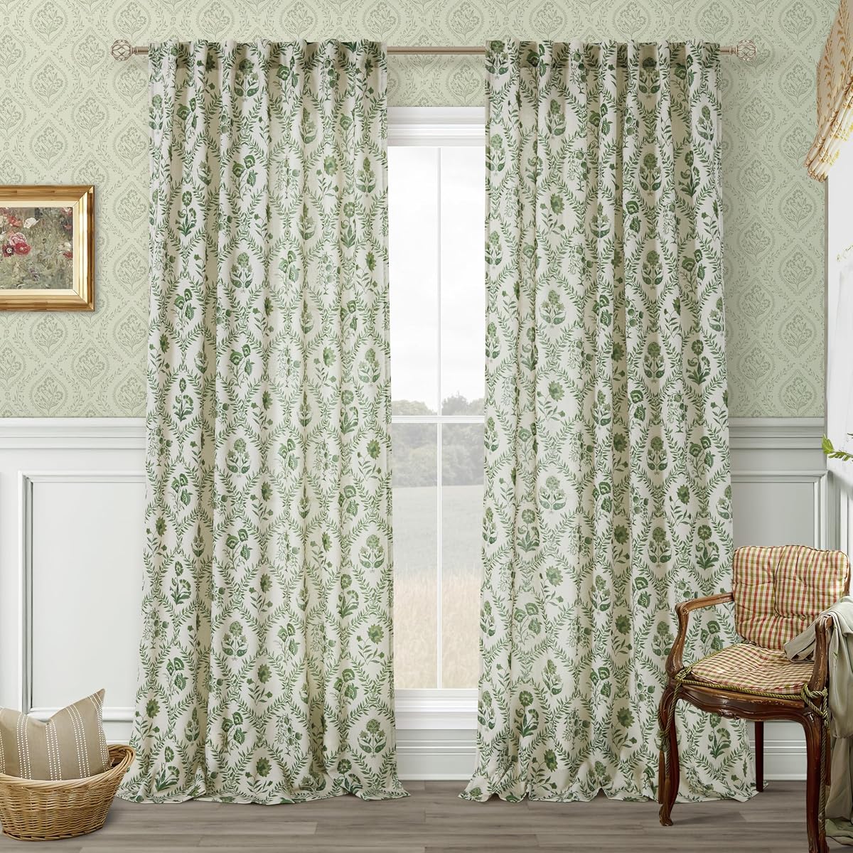Floral 90 Inch Curtains for Living Room Back Tab Linen Curtains Olive Green | Light Filtering, Farmhouse Curtain, Flower Plant Pattern Printed, French Country, Boho Drapes, 90 Inches Long, Summer decor