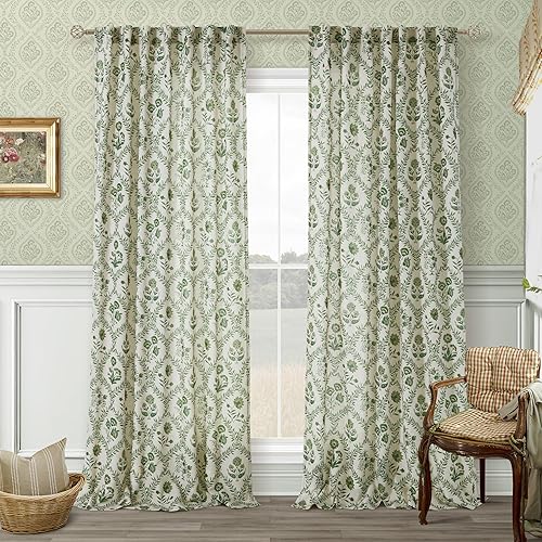 Farmhouse Floral 90 Inch Curtains for Living Dining Room Back Tab Light Filtering Linen Curtains Olive Green Flower Plant Pattern Printed Aesthetic French Country Boho Vintage Drapes 90 Inches Long