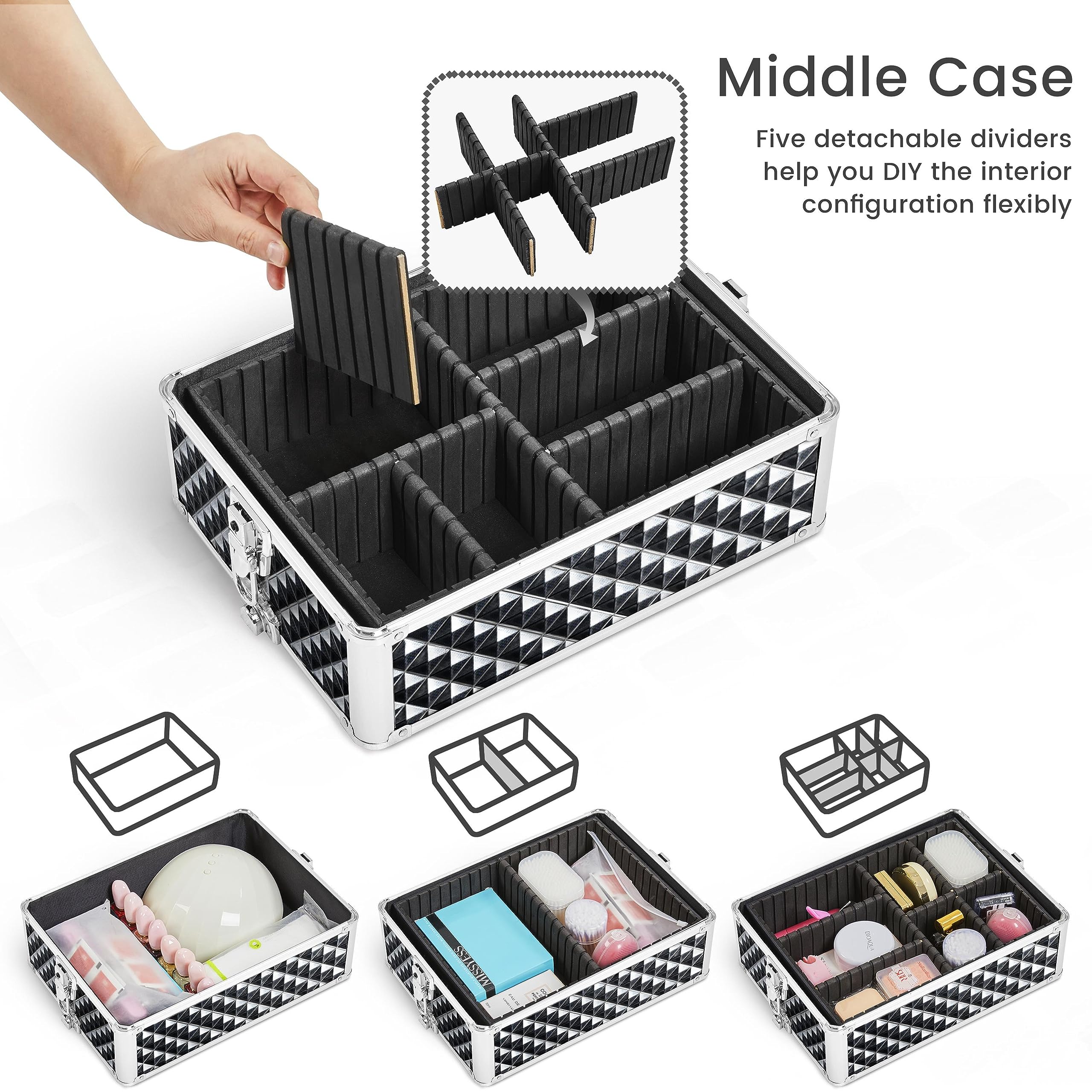 Yaheetech 4-in-1 Kosmetikkoffer, Trolley Schminkkoffer, Großer Make up Koffer, Abschließbar Multikoffer Friseurkoffer Beauty Case mit Rollen und Schublade, Glitzer Schwarz